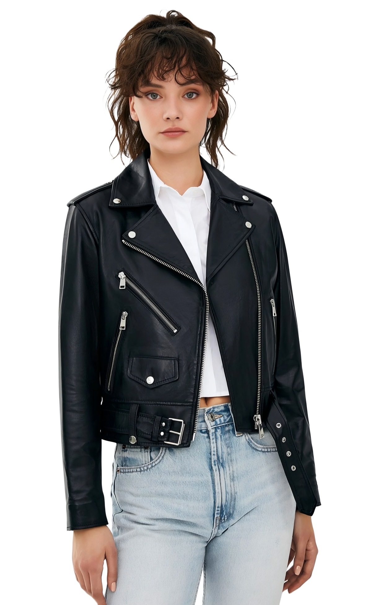 Women's Classic Moto Leather Jacket with Belted Detail