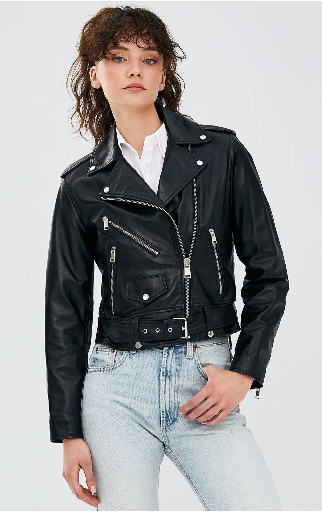 Women's Classic Moto Leather Jacket with Belted Detail