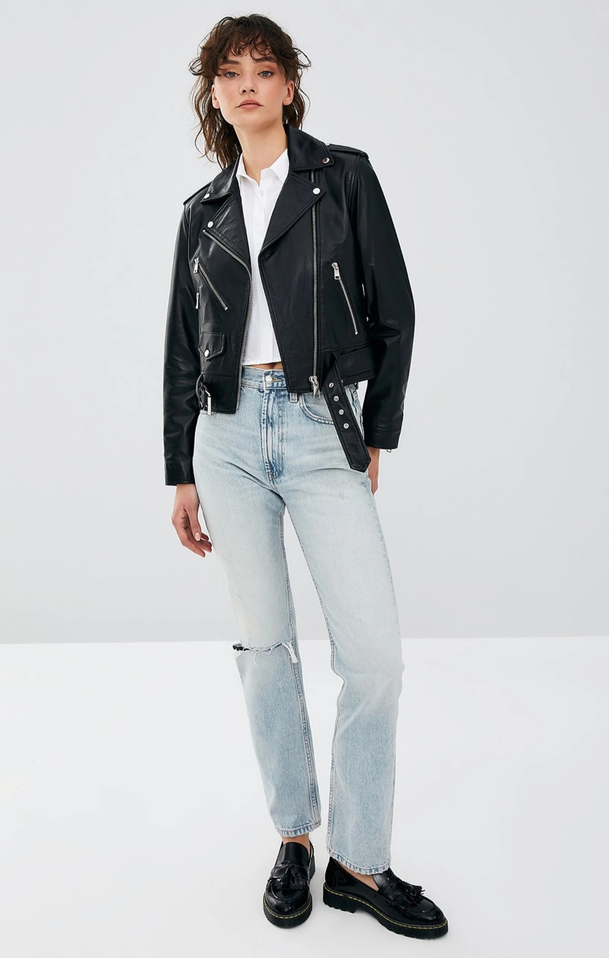 Women's Classic Moto Leather Jacket with Belted Detail