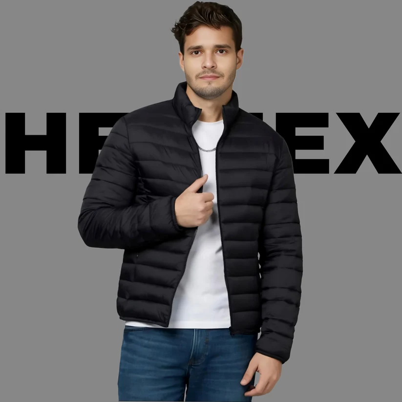 HEFNEX Black Men's Lightweight Quilted Puffer Jacket with a Sleek Design and Warm Insulation