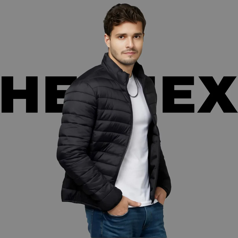 HEFNEX Black Men's Lightweight Quilted Puffer Jacket with a Sleek Design and Warm Insulation