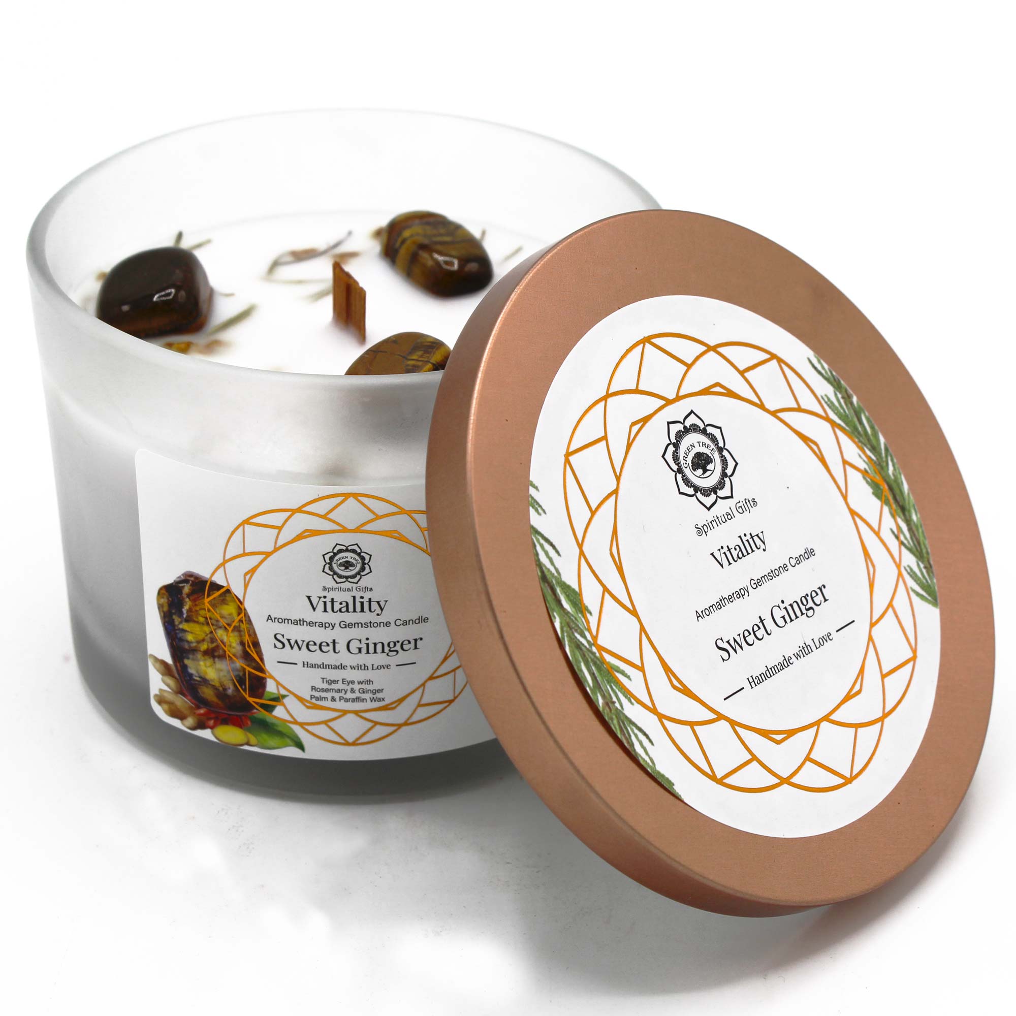 Vitality Aromatherapy Candle Sweet Ginger and Tiger Eye Crystals