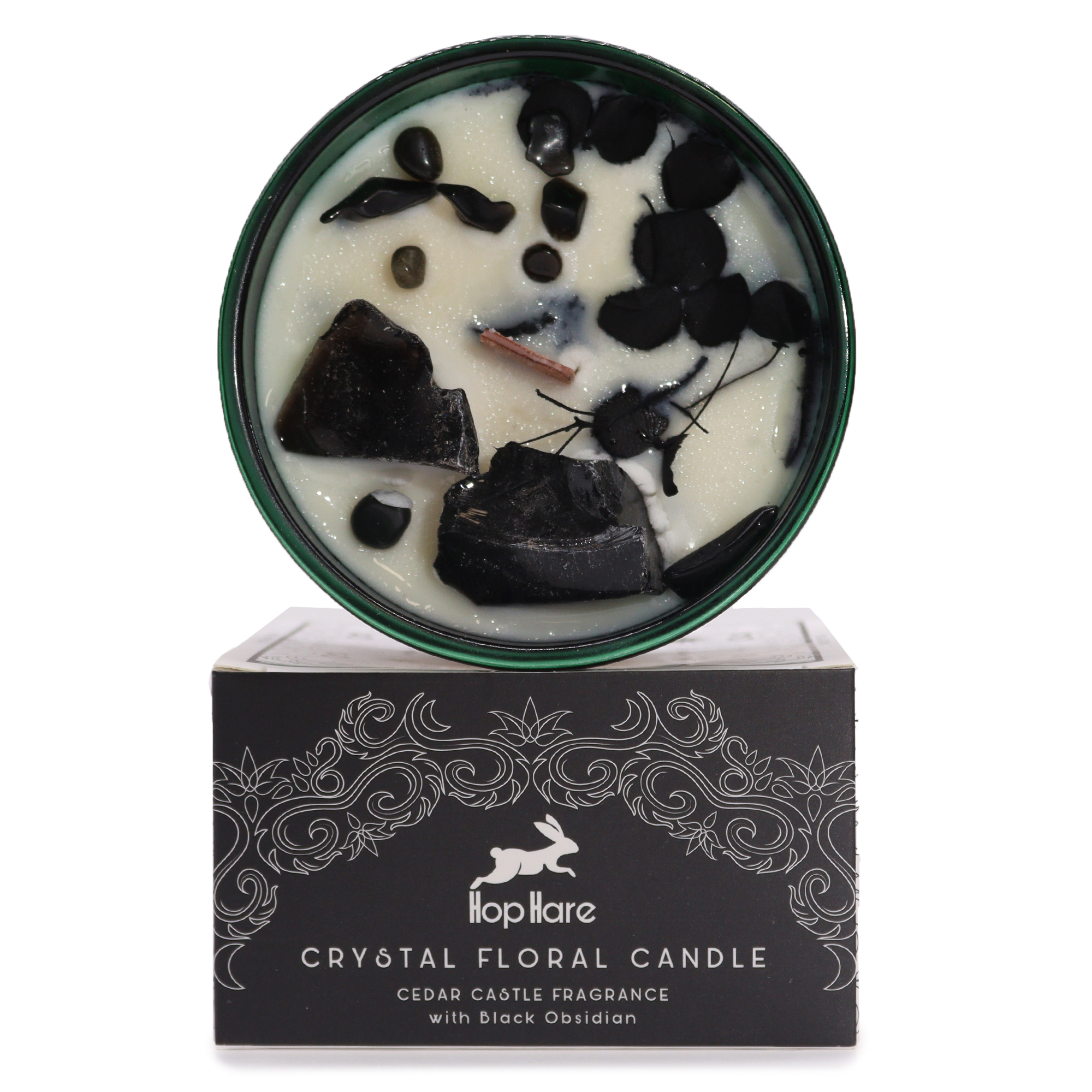 Hop Hare Crystal Candle Cedar Castle & Black Obsidian 330g