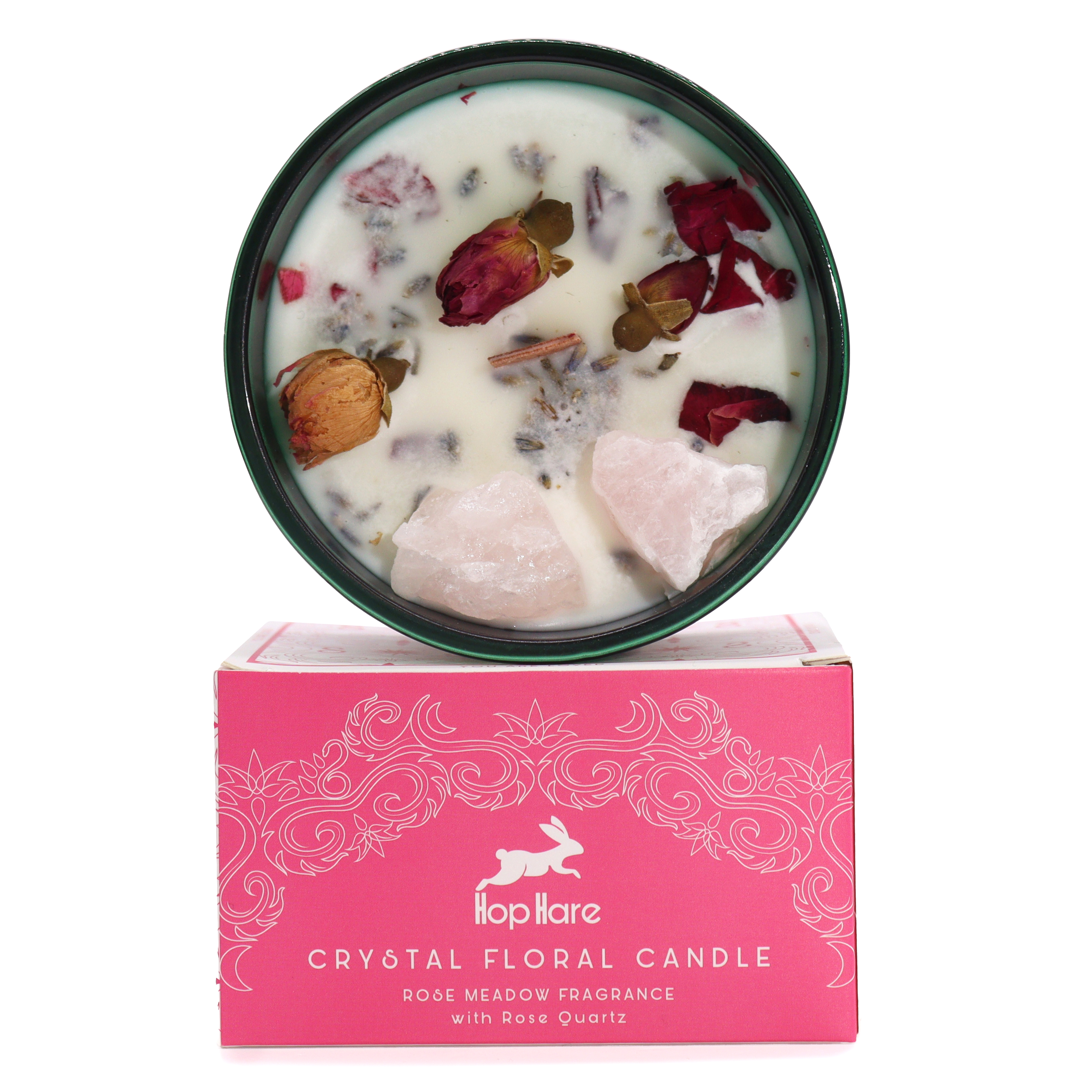 Hop Hare Crystal Candle Rose Meadow & Rose Quartz 330g