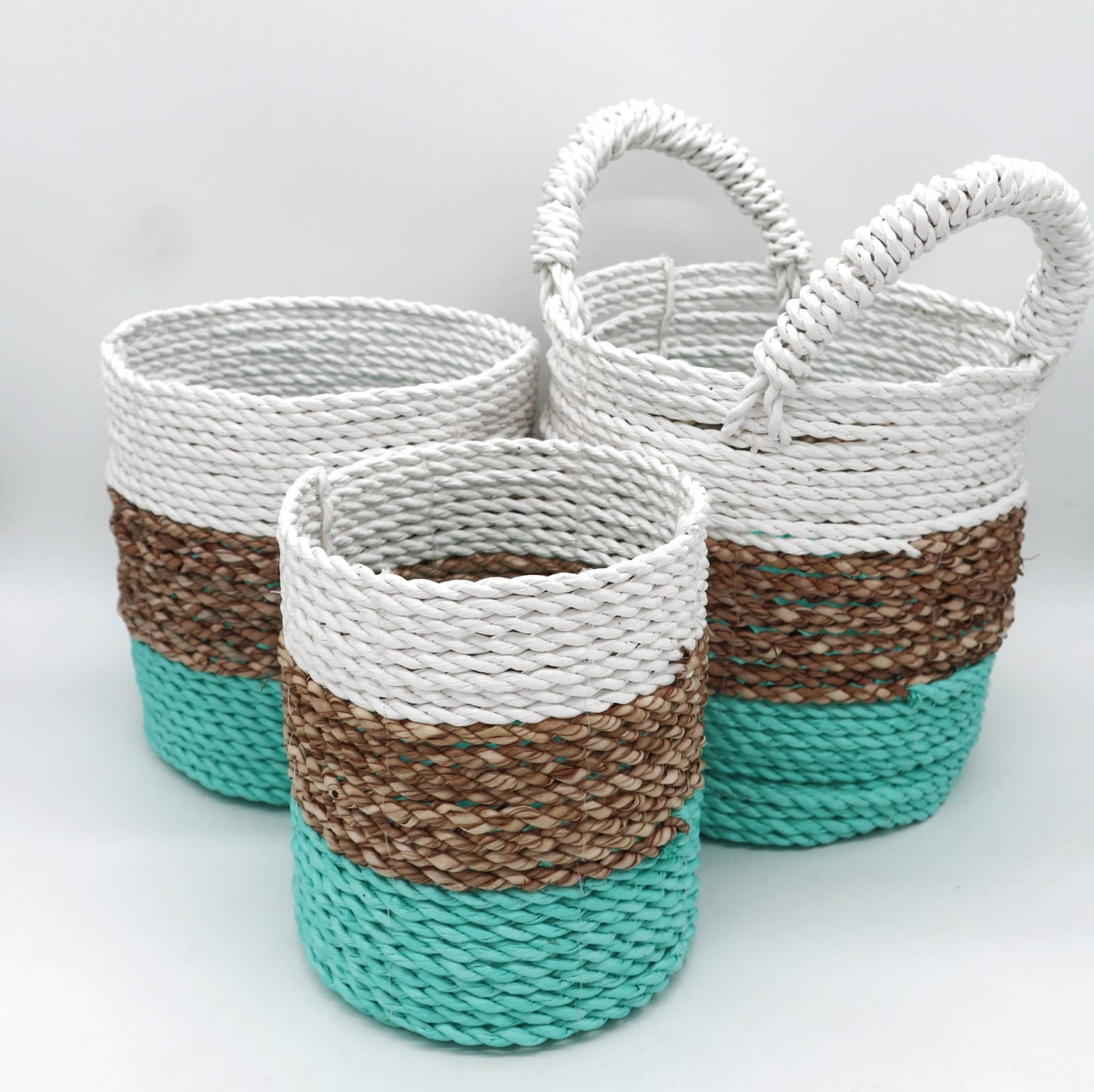  Turquoise and White Seagrass Basket Set