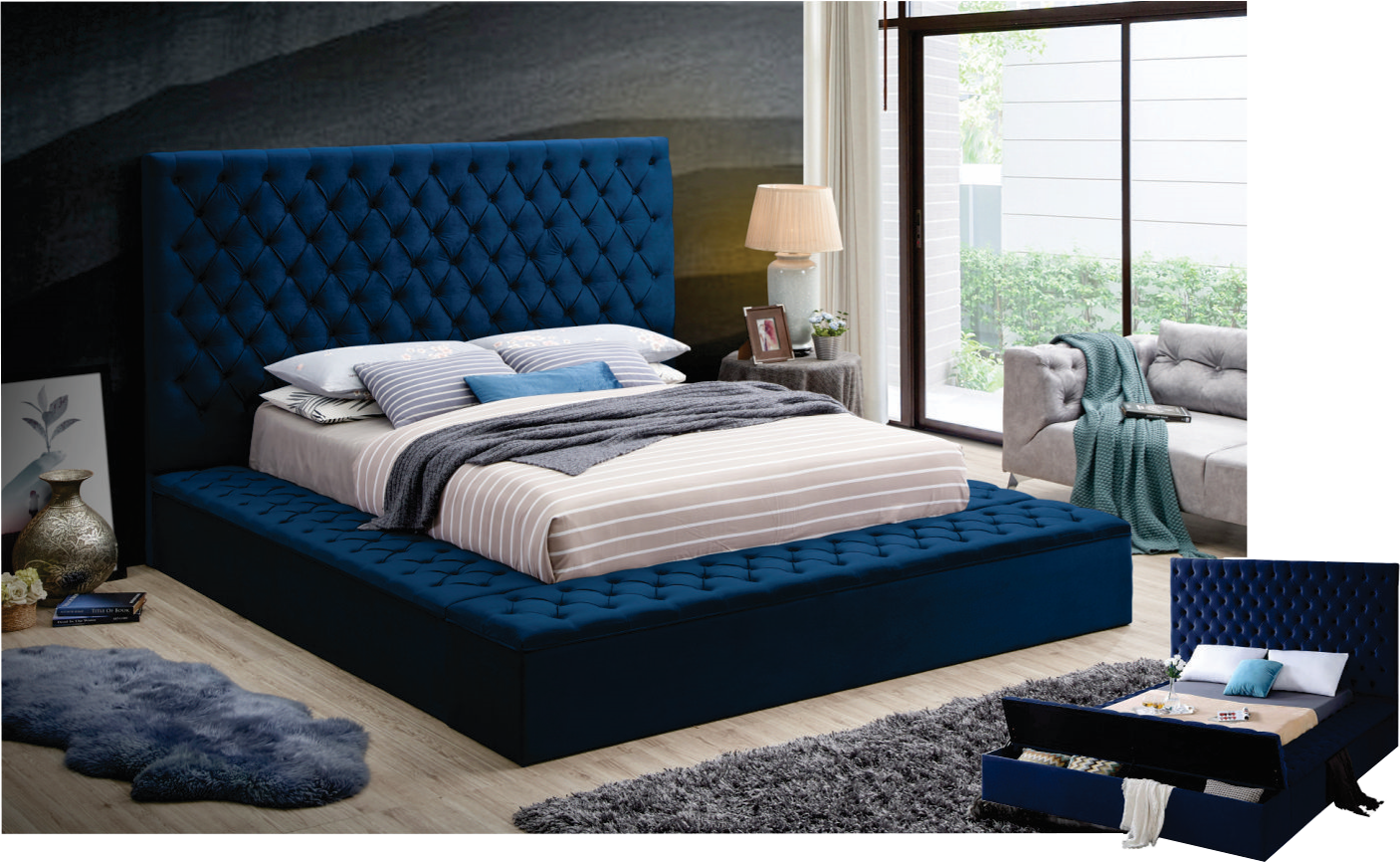 JOSEPH - Blue Upholstered Platform Bed Frame