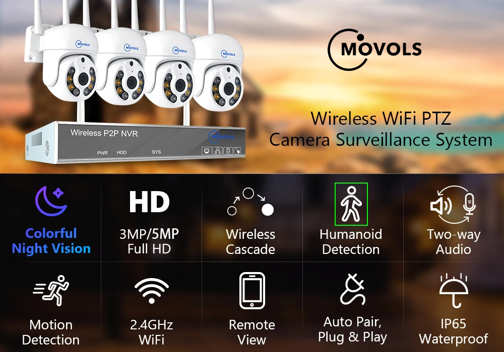Kit CCTV (Exterior/Interior, áudio bidirecional, IP - PTZ - NVR - H.265 - 3MP - 10CH - 4 Cameras incluidas)