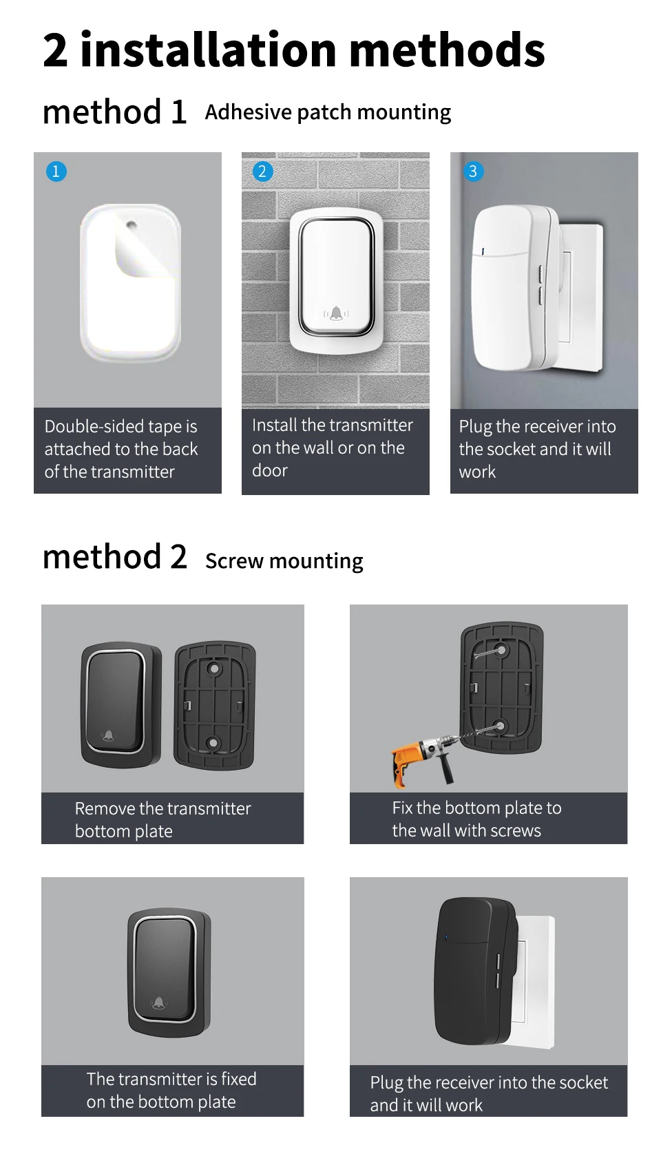 Campainha Wireless sem Pilhas nem Fios (energia cinética) - botão Impermeável - 