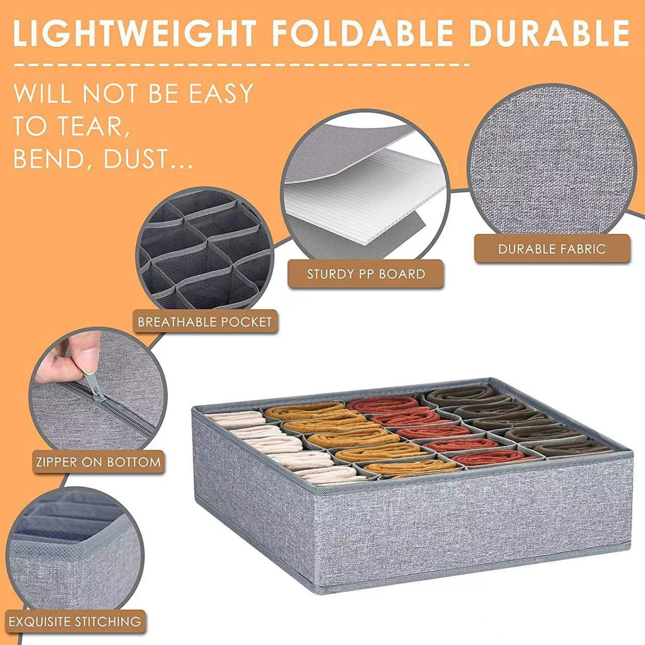 3 Pack 64 Grids Sock Underwear Dividers Storage Boxes Fabric Foldable Drawer Organizer