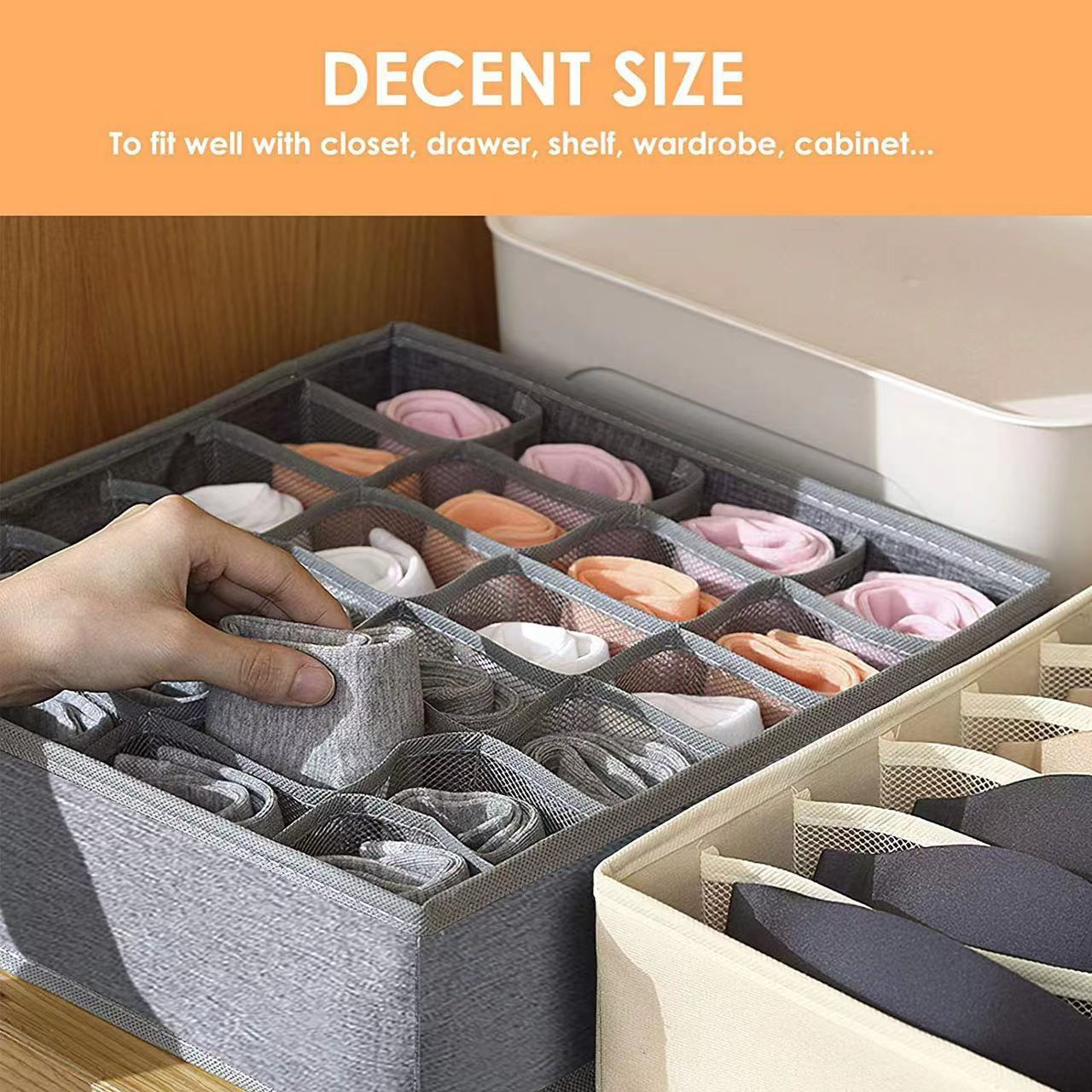 3 Pack 64 Grids Sock Underwear Dividers Storage Boxes Fabric Foldable Drawer Organizer