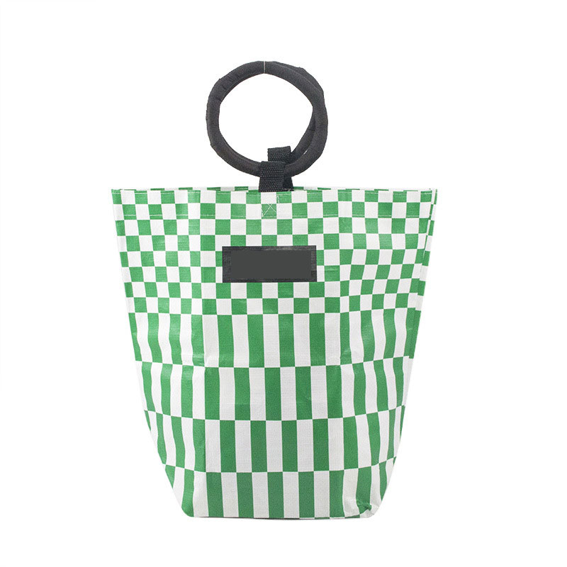 Portable pp woven bag round hand-held plaid pattern storage gift bag