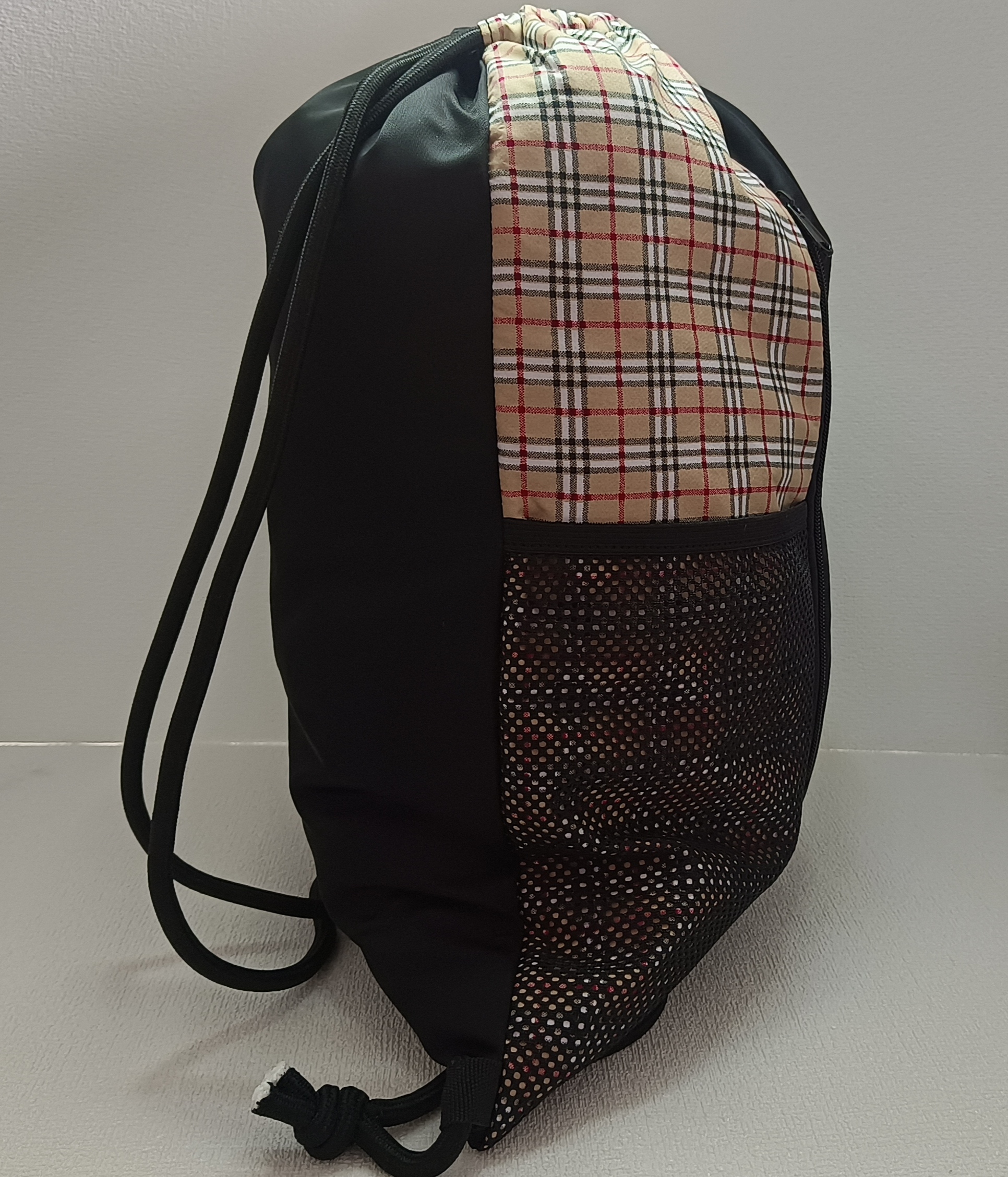 Polyester Black Check Sports Drawstring Bag