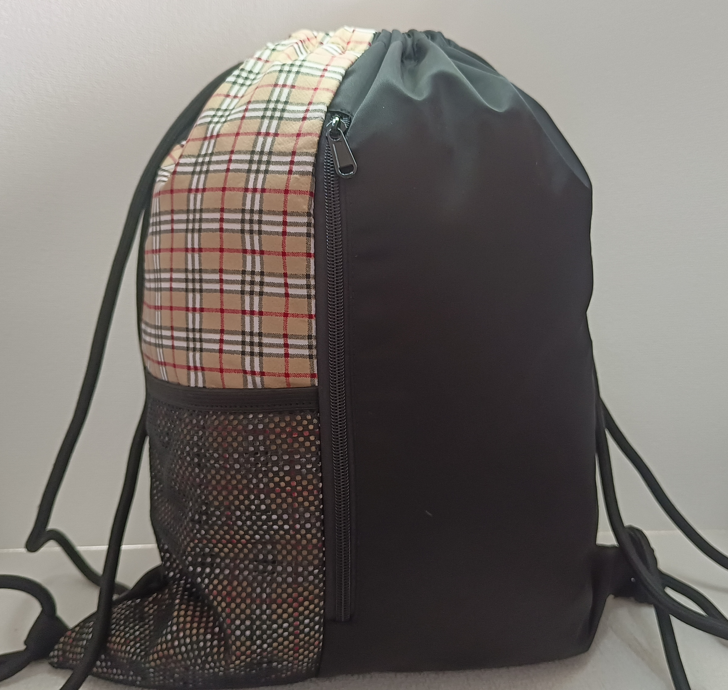 Polyester Black Check Sports Drawstring Bag