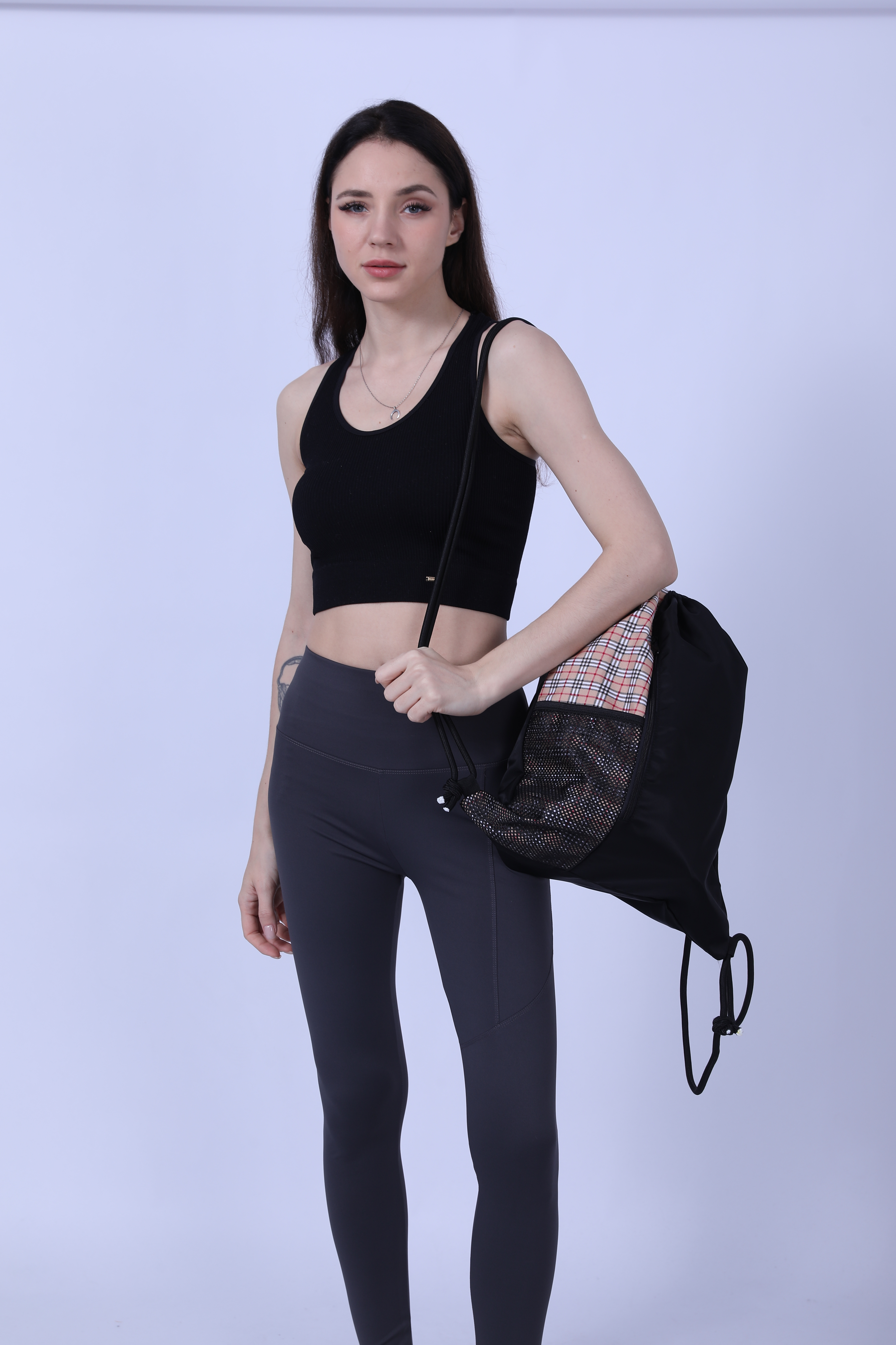 Polyester Black Check Sports Drawstring Bag