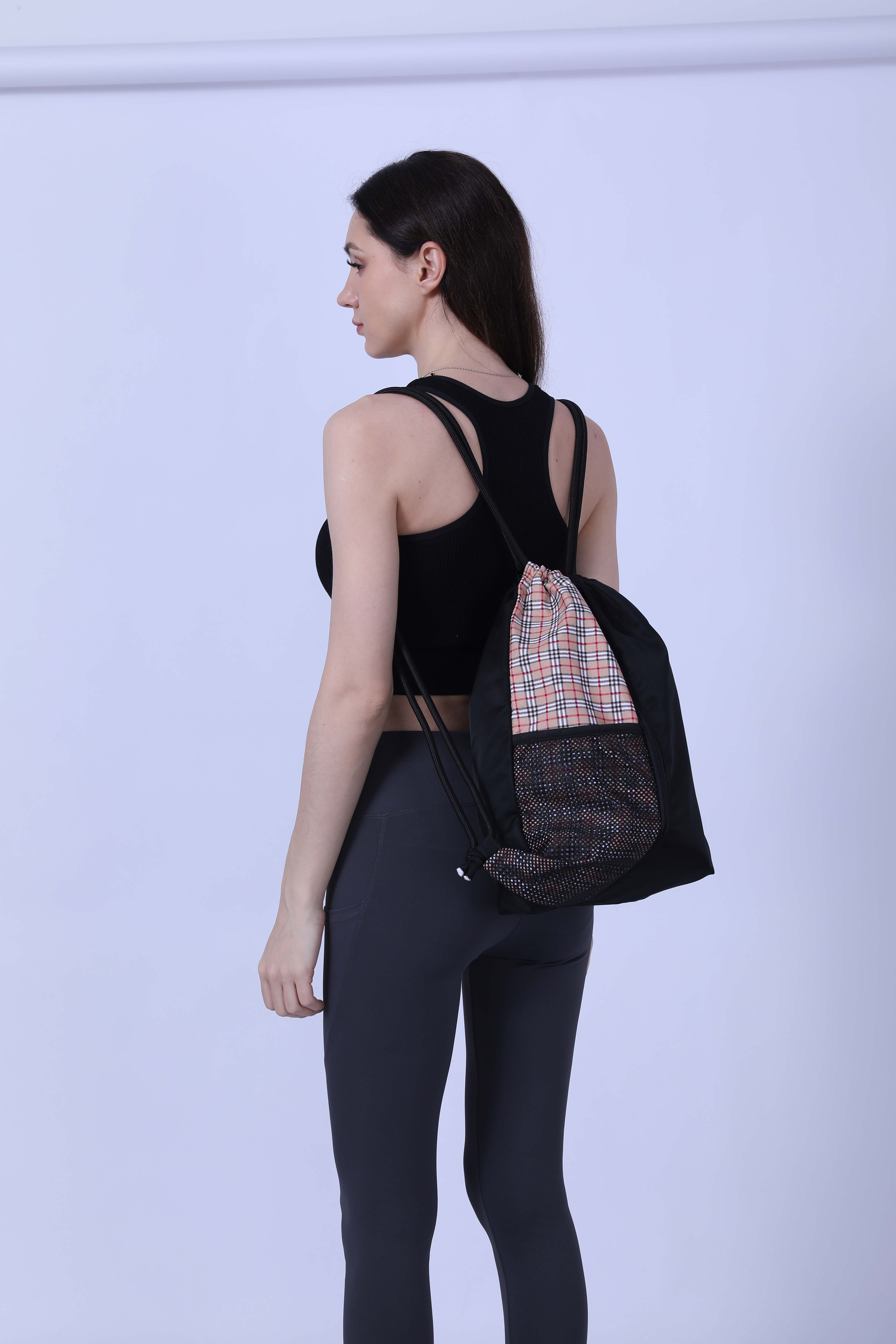 Polyester Black Check Sports Drawstring Bag