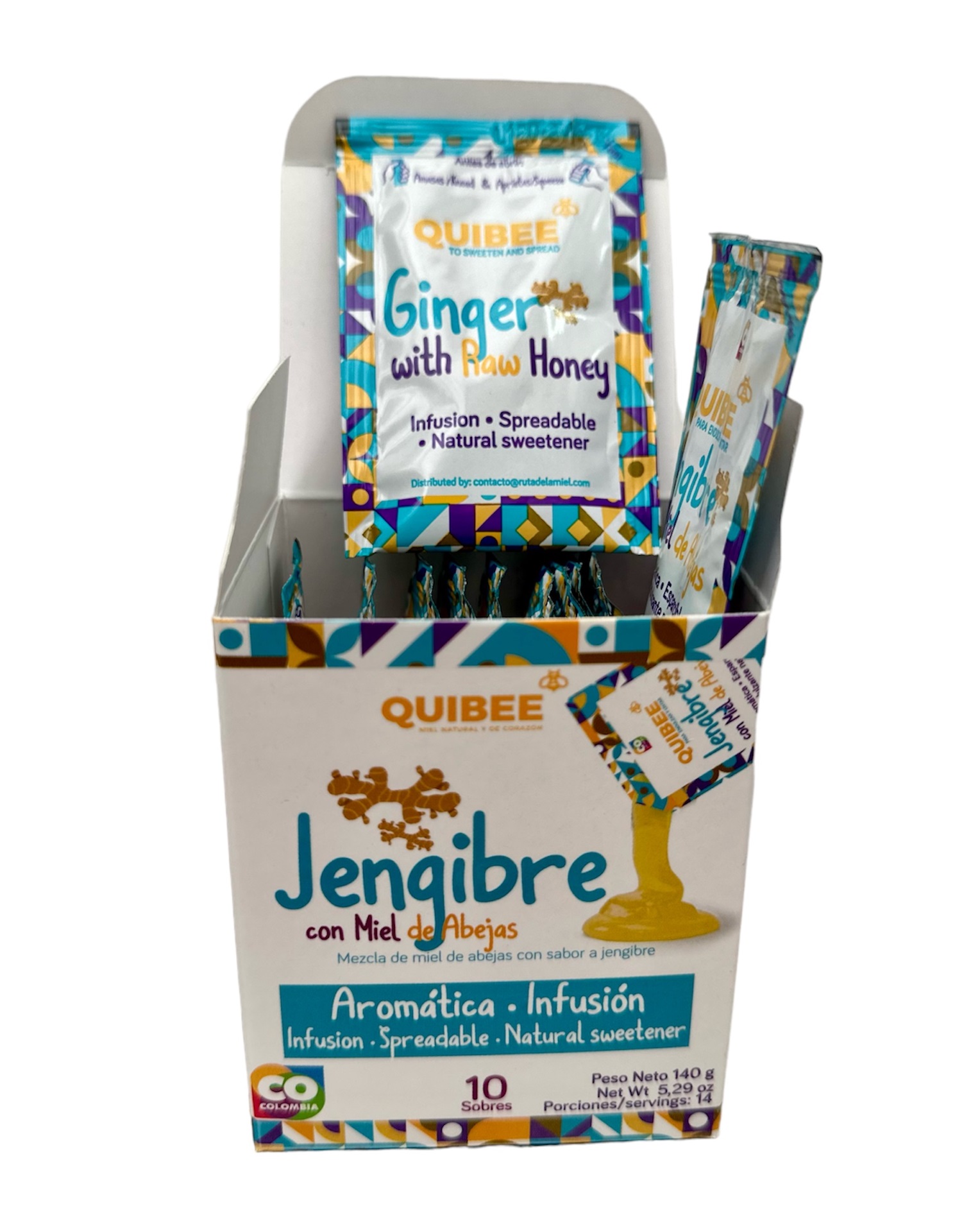 Sobres de  miel de abejas pura con jengibre ÚNICA EN EL MERCADO 