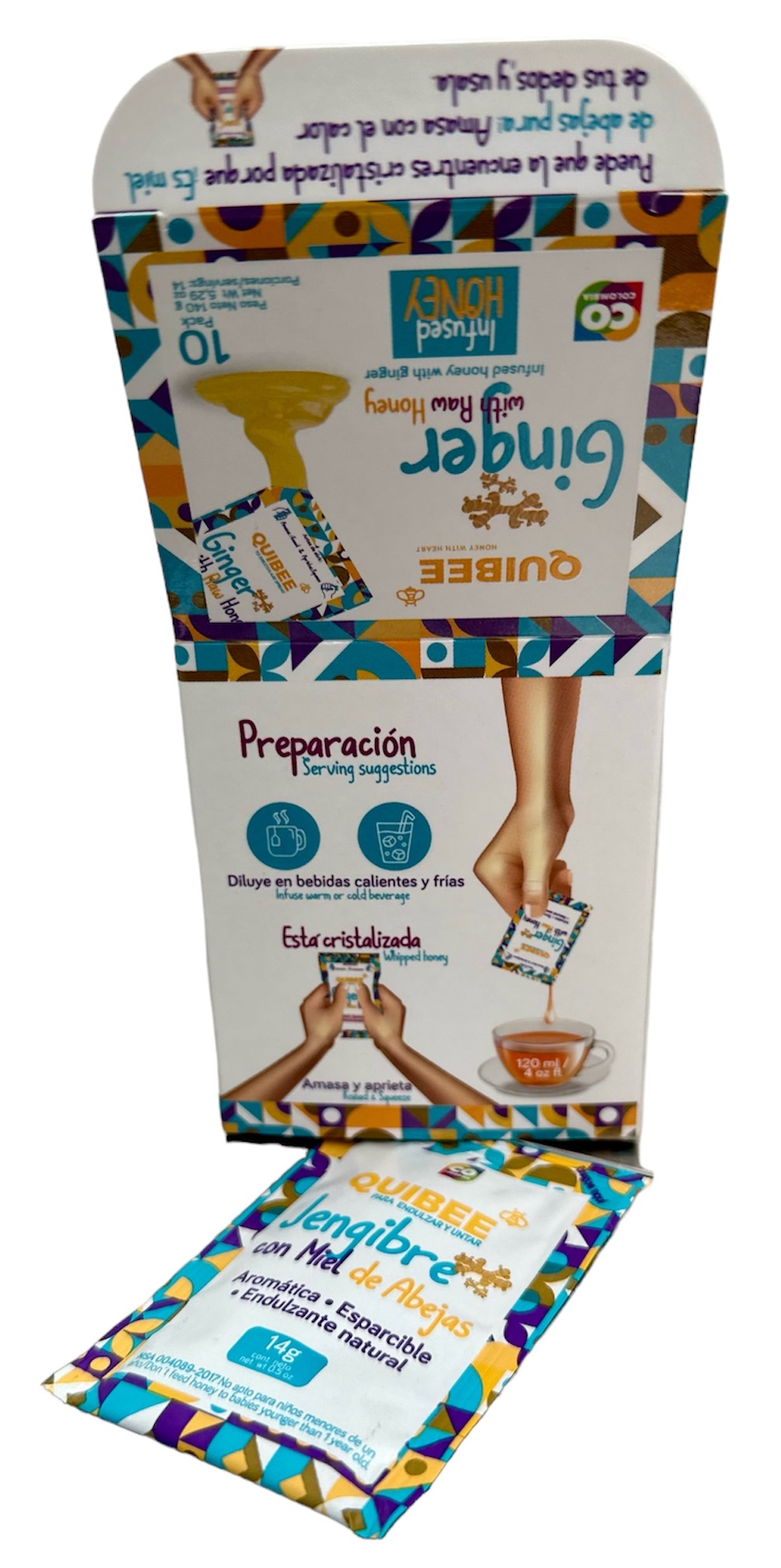 Sobres de  miel de abejas pura con jengibre ÚNICA EN EL MERCADO 