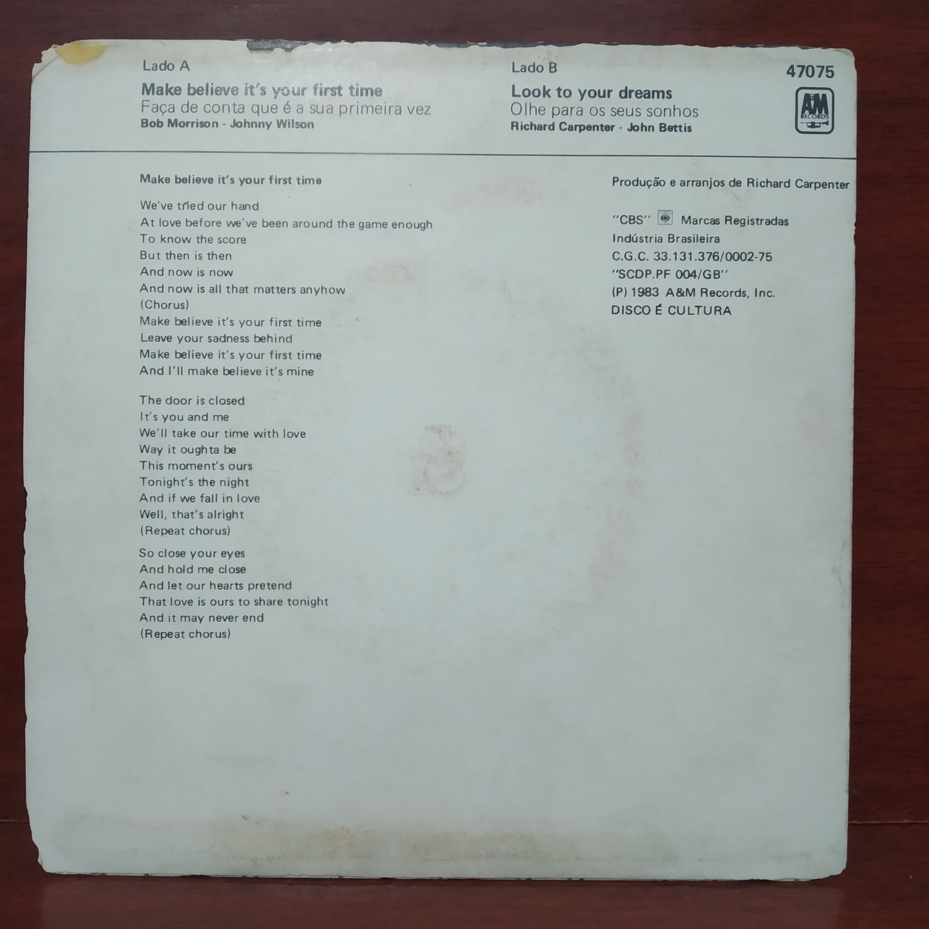 Vinil Compacto Carpenters - Make Believe It's Your First Time