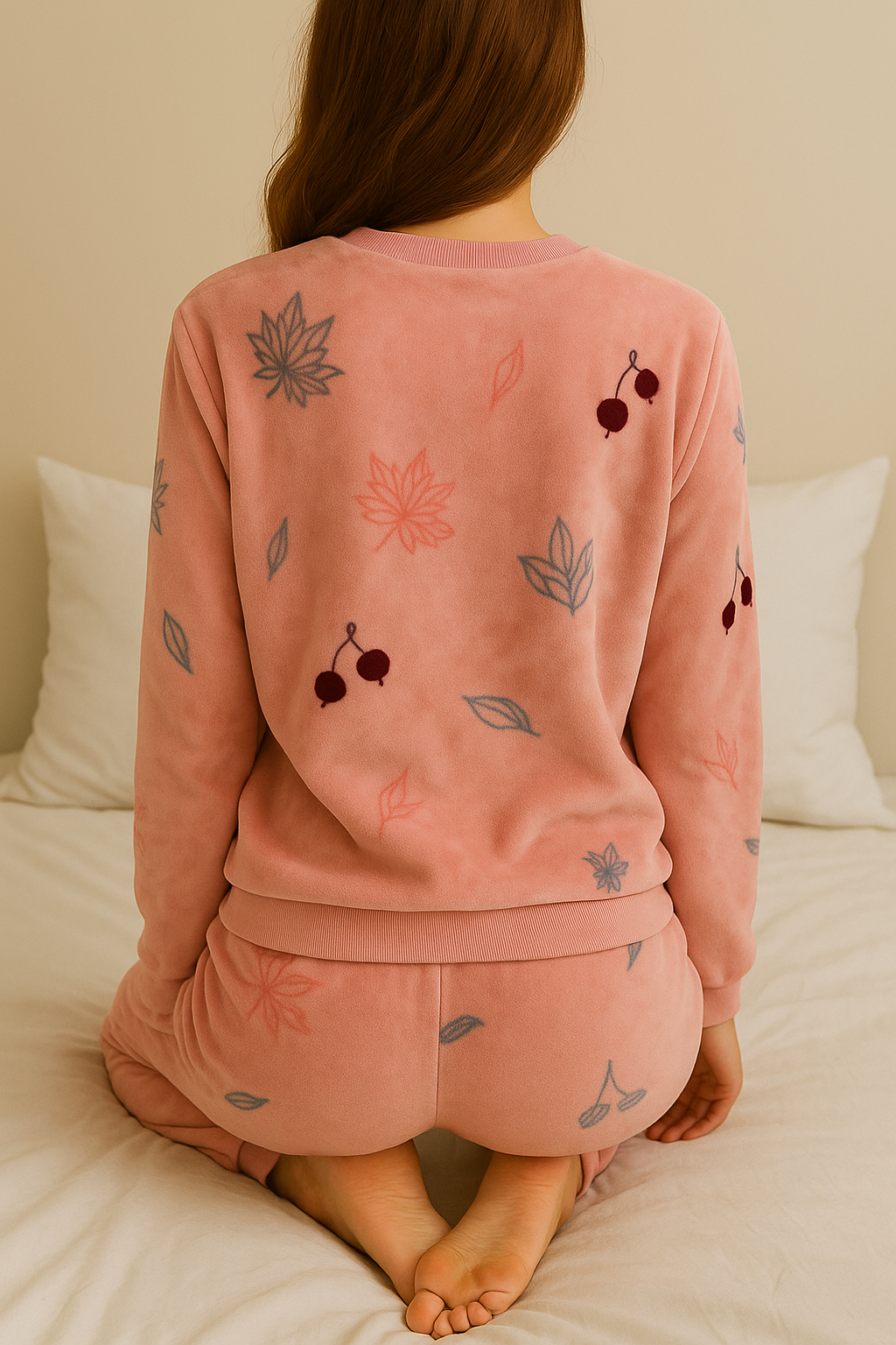 Pink Cherry and Leaf Print Pajama Set