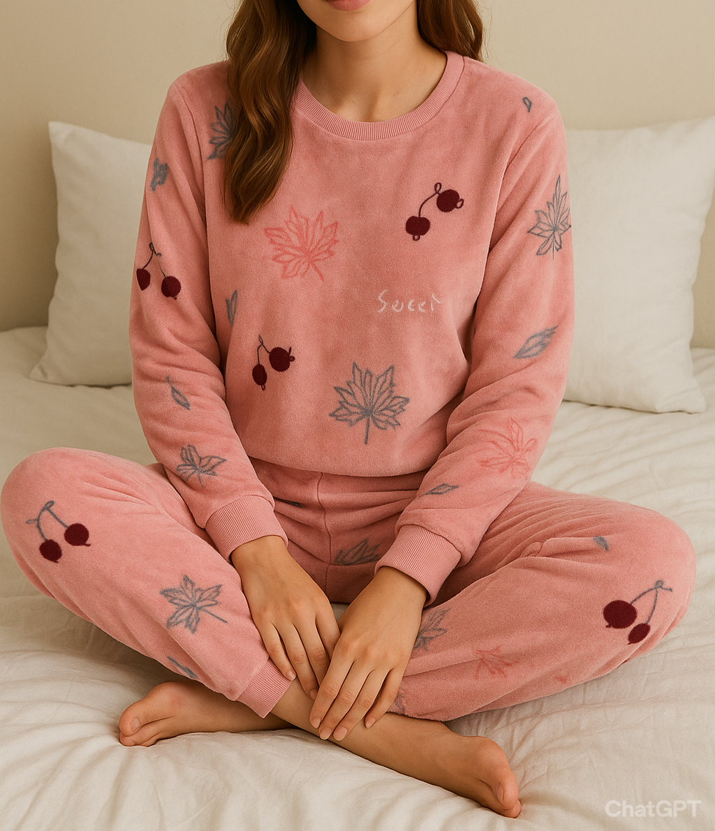 Pink Cherry and Leaf Print Pajama Set