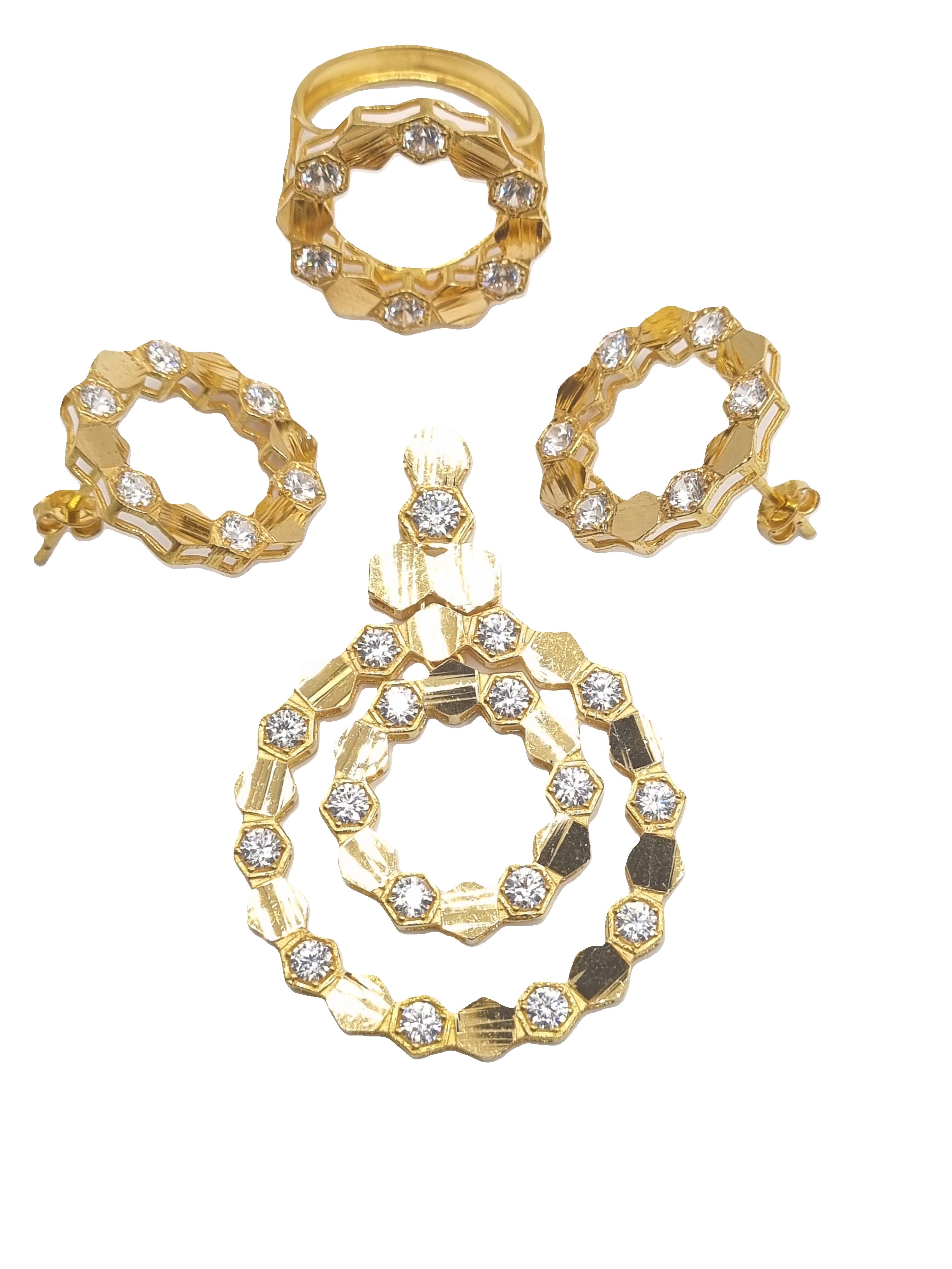 Gold and crystal Hexagon pendant with ring and ear rings
