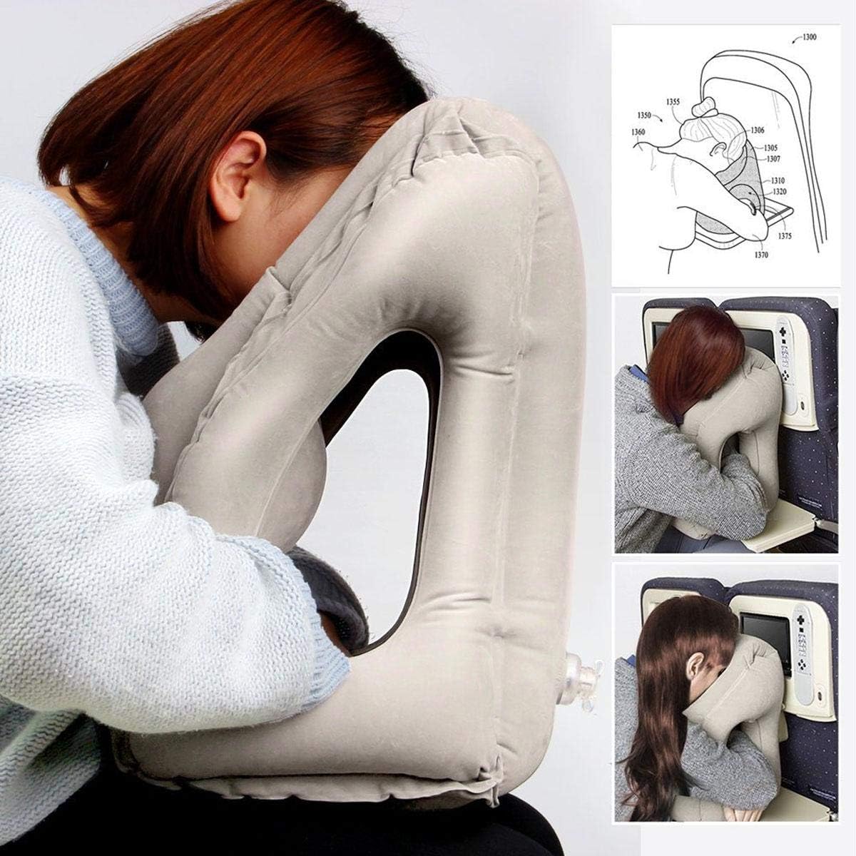 Air-plane Travel Pillow, Multi-functional Smart Inflatable Cushion Comfortable Huggable Travel Pillow With 3 D Sleep Mask For Smart Travellers - Grey