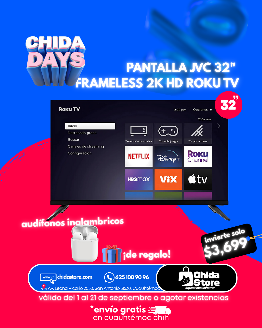 Pantalla JVC 32" Frameless 2K HD Roku TV