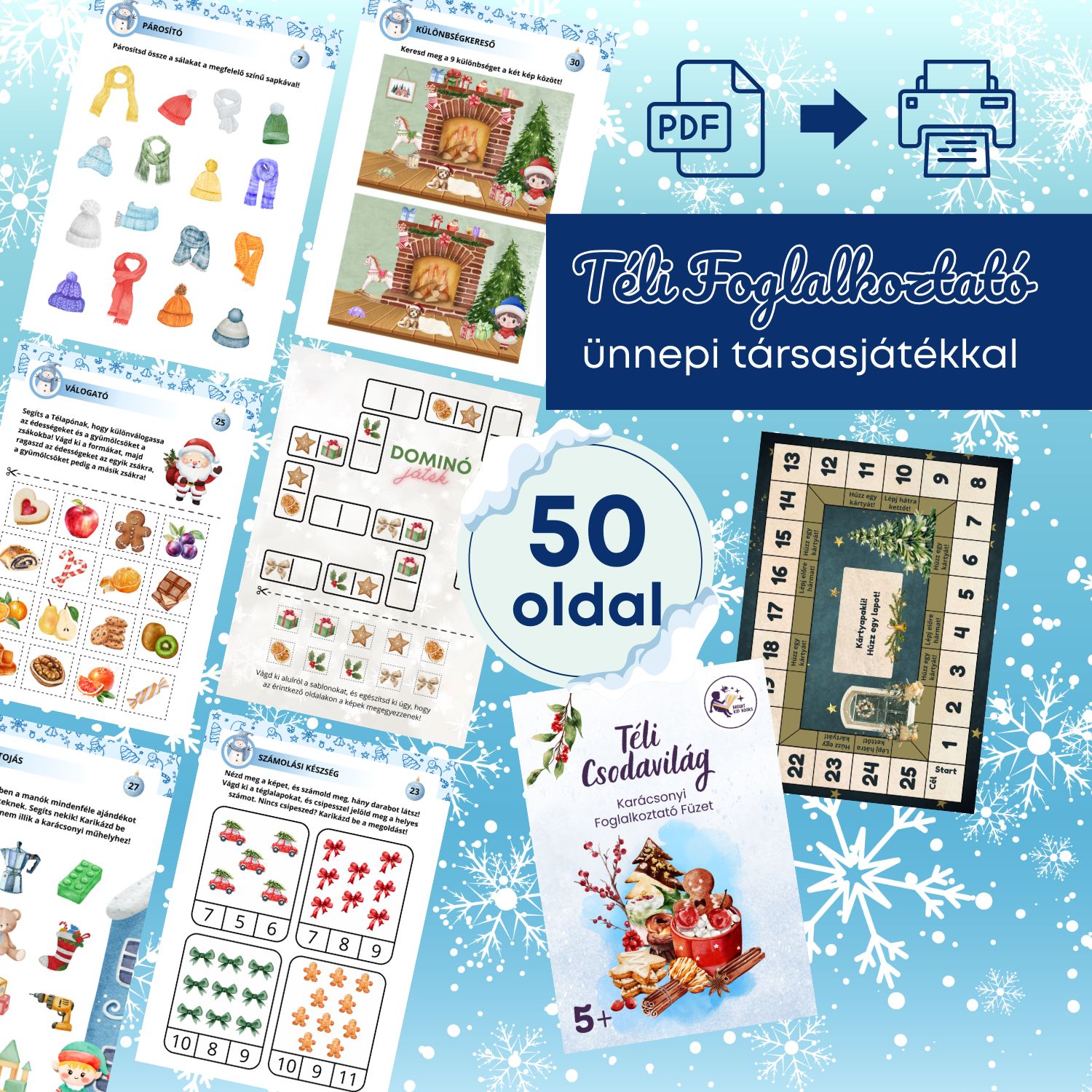 3in1 Téli csomag - Foglalkoztató füzet + 81 szókártya játékokkal + színező 4-6 éveseknek 