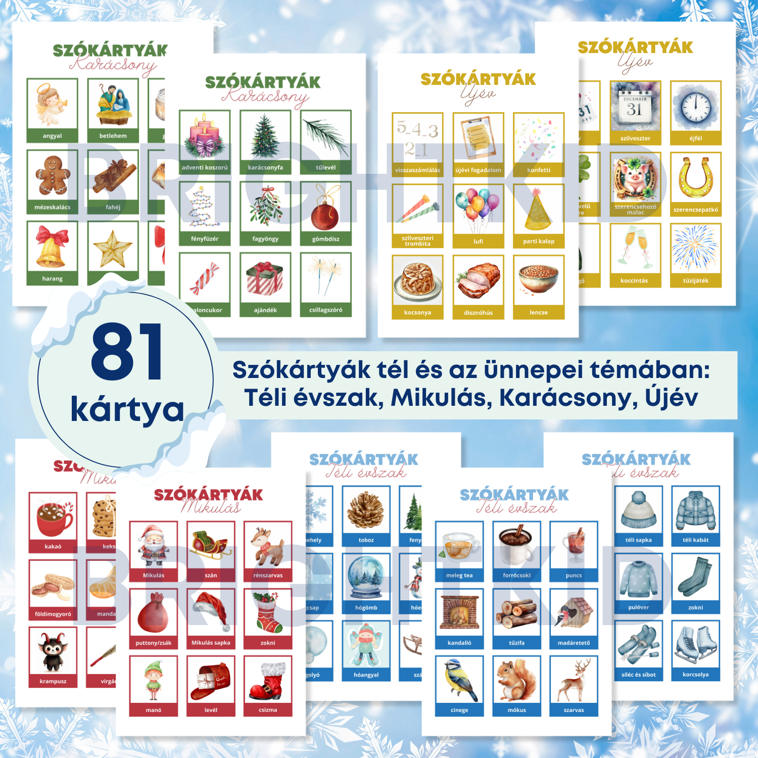 81db-os szókártya csomag - Téli évszak, Karácsony, Újév, Mikulás
