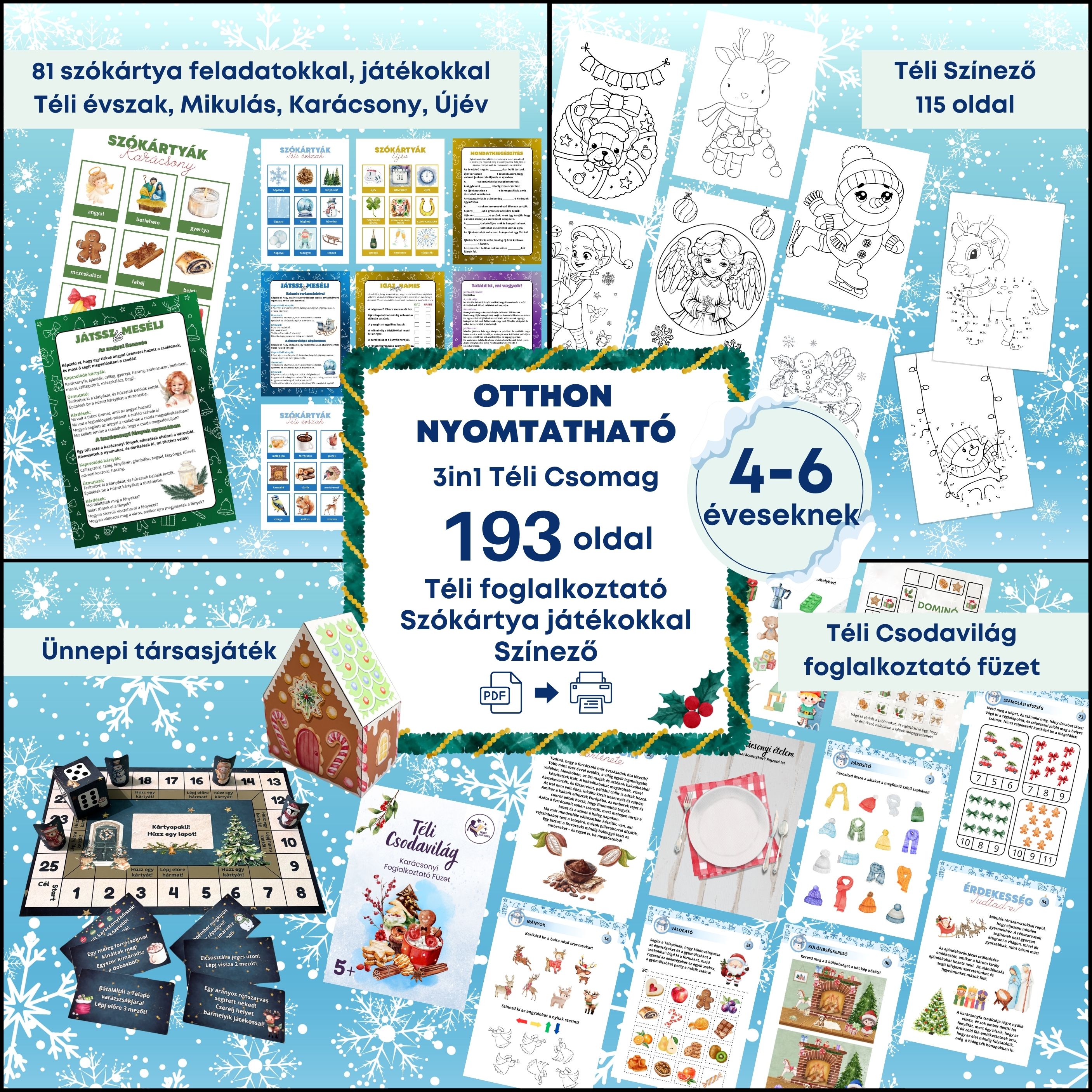 3in1 Téli csomag - Foglalkoztató füzet + 81 szókártya játékokkal + színező 4-6 éveseknek