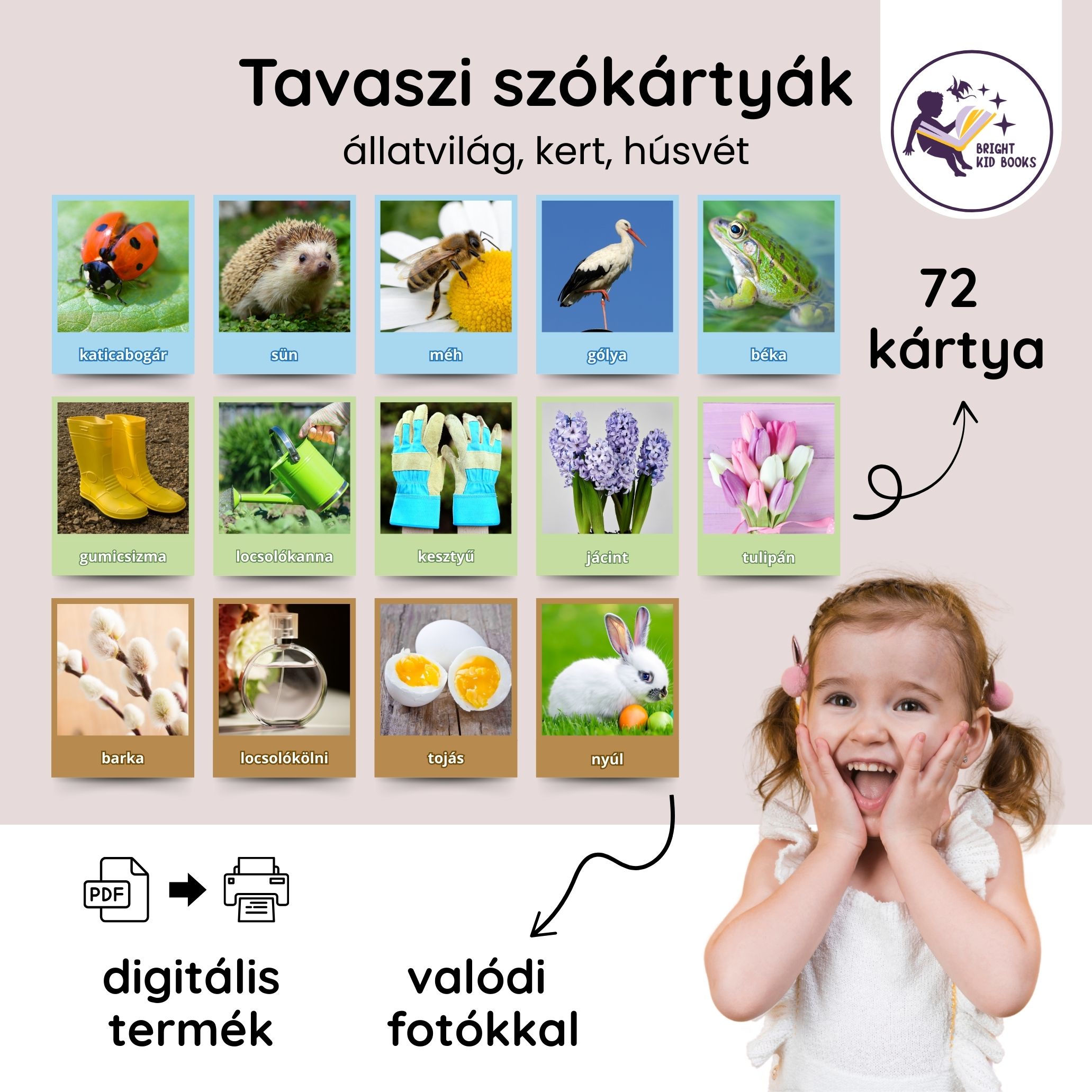 Nyomtatható tavaszi szókártyák – 72 db kártya állatvilág, kert, húsvét témában
