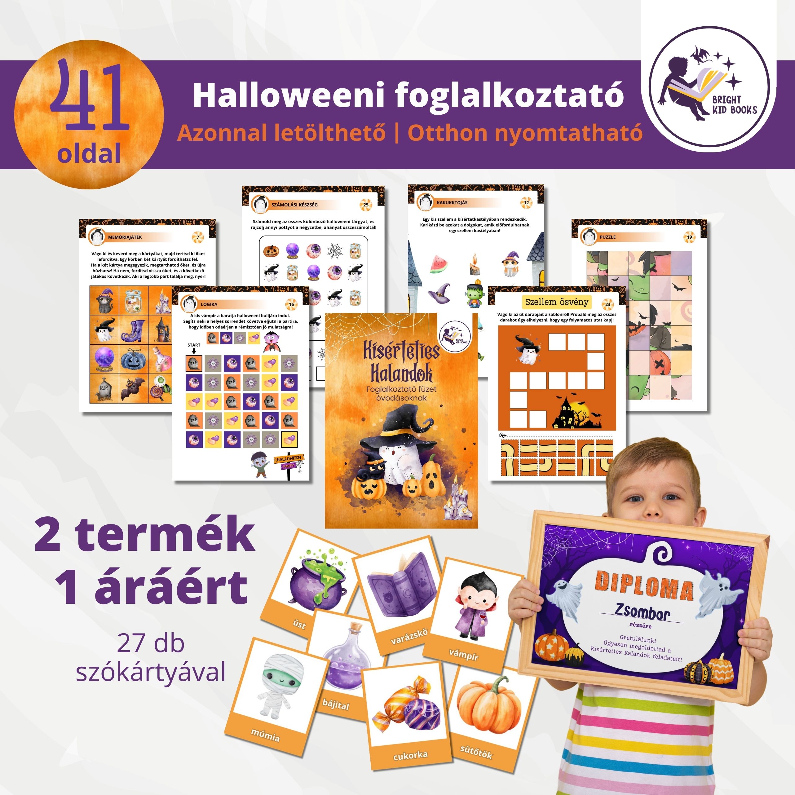 Halloweeni foglalkoztató óvodásoknak + 27db szókártya PDF