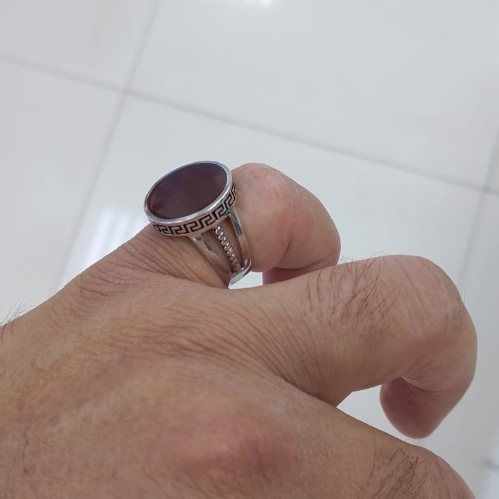 خاتم فضة دائري لون بني