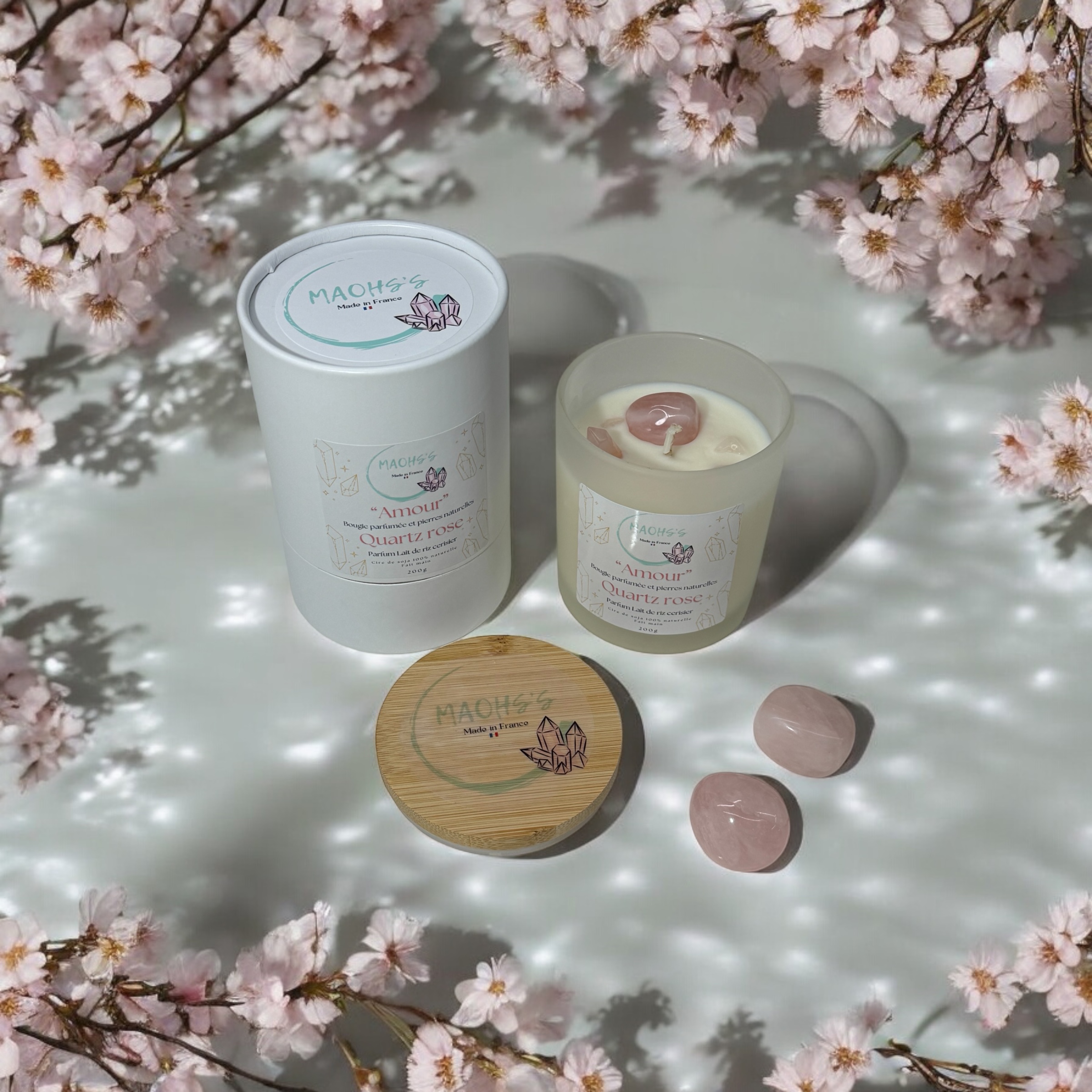 Bougie « Amour » Quartz rose – Senteur Lait de Riz & Cerisier