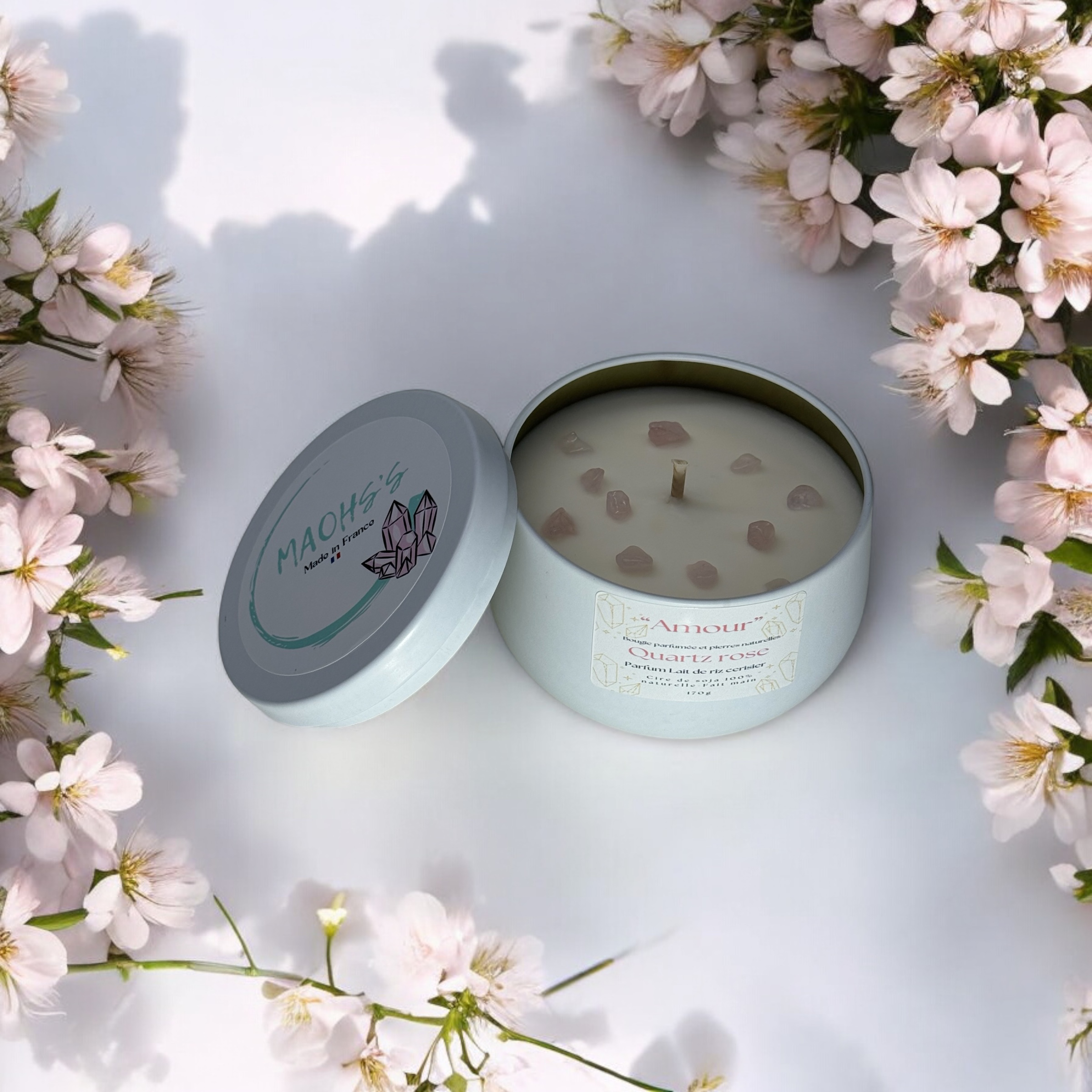 Bougie « Amour » Quartz rose – Senteur Lait de Riz & Cerisier