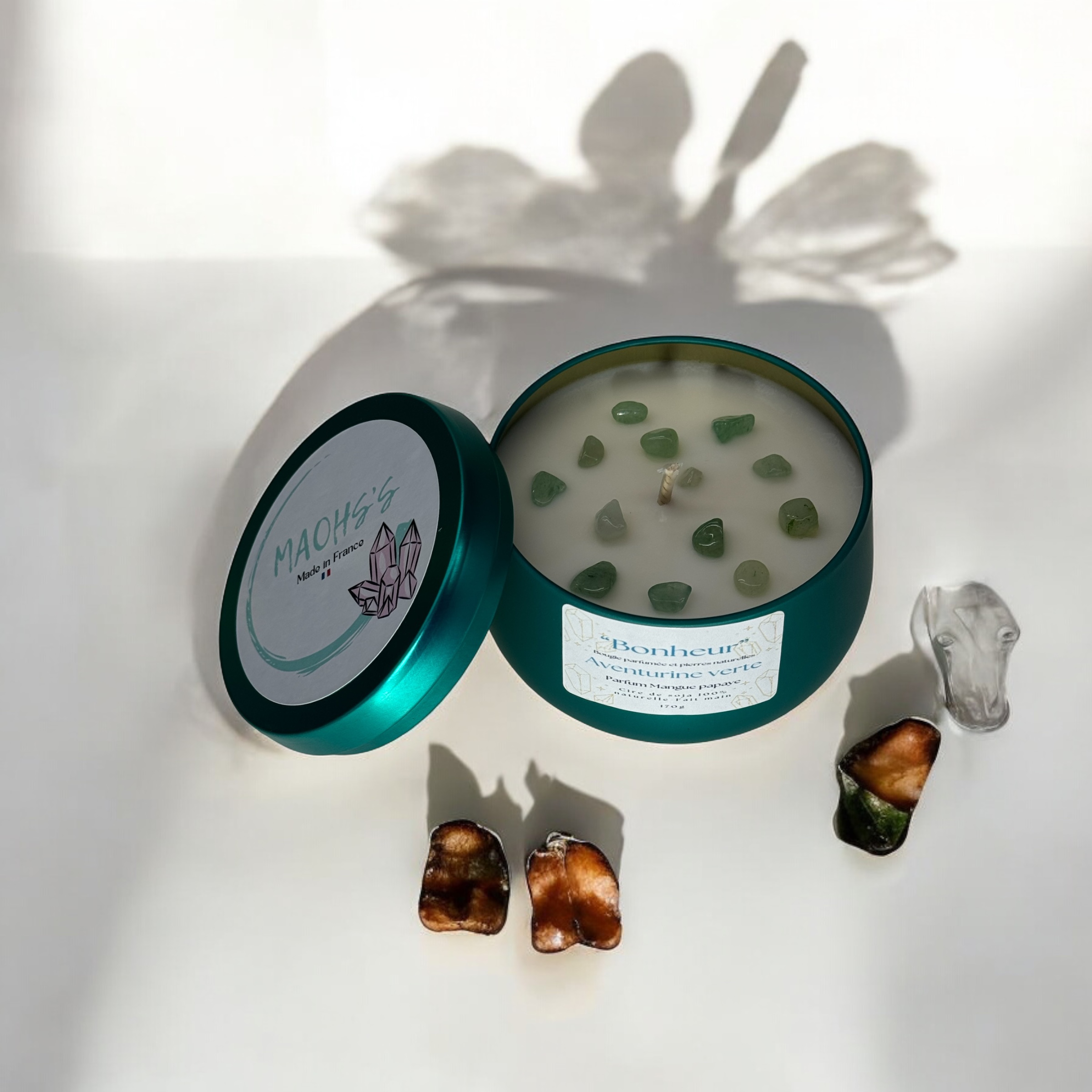 Bougie  « Bonheur » Aventurine verte   - senteur Mangue papaye 