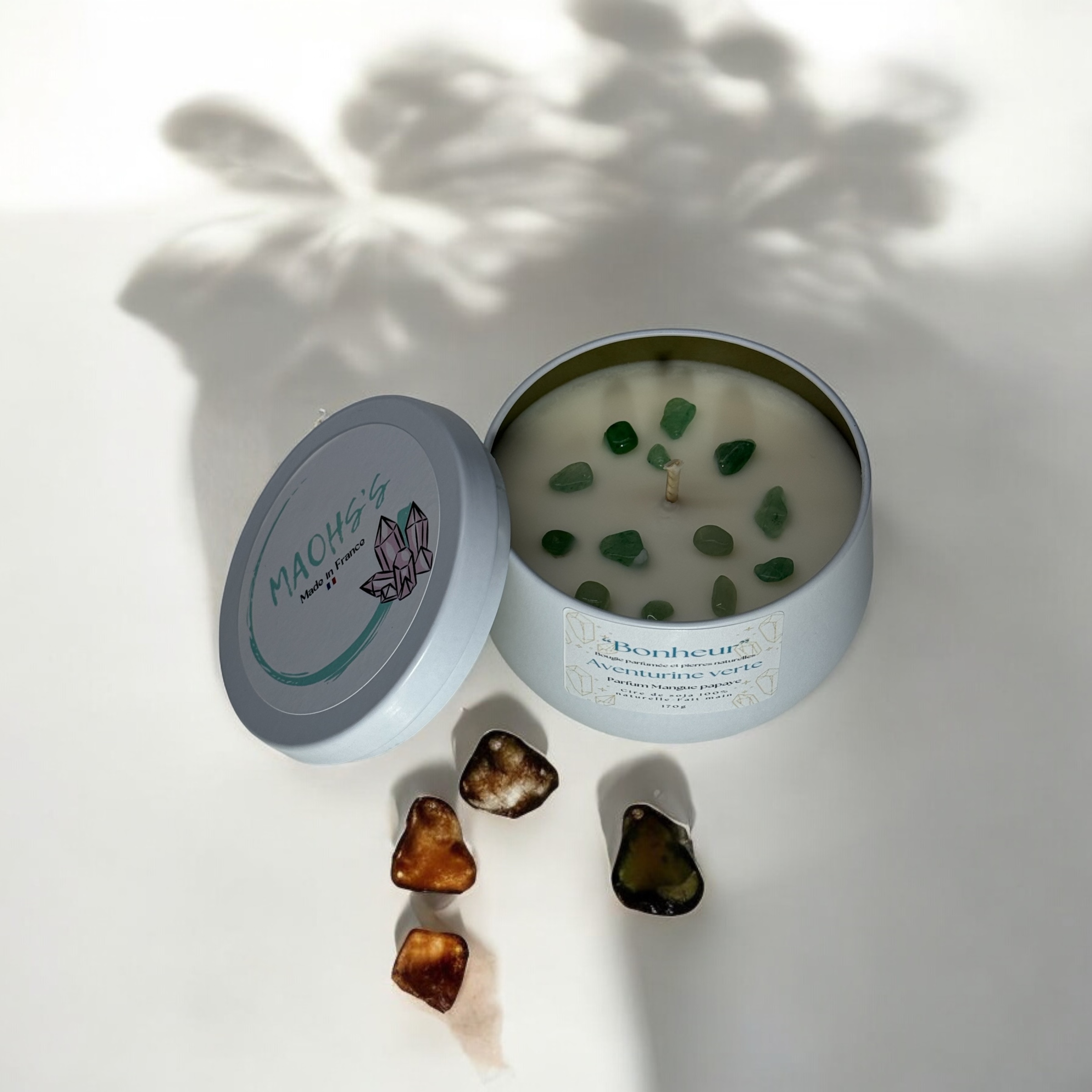 Bougie  « Bonheur » Aventurine verte   - senteur Mangue papaye 