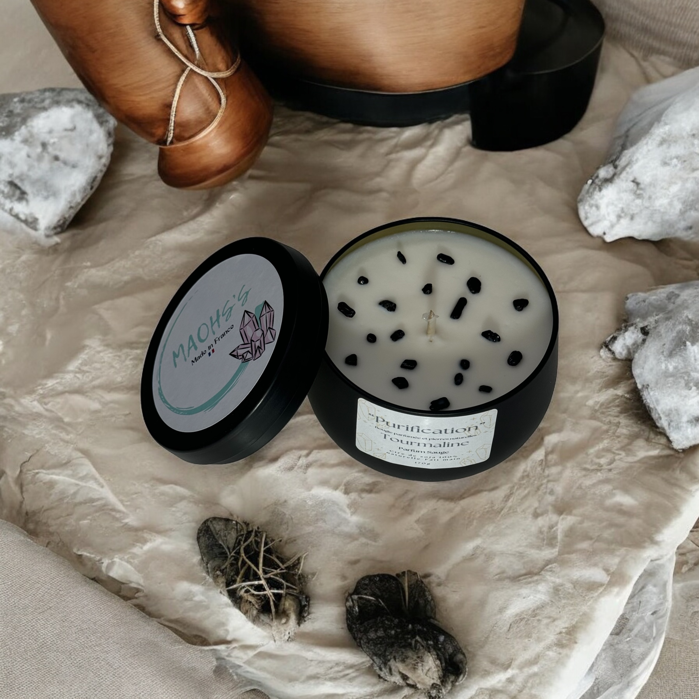 Bougie « Purification » Tourmaline noire - senteur Sauge