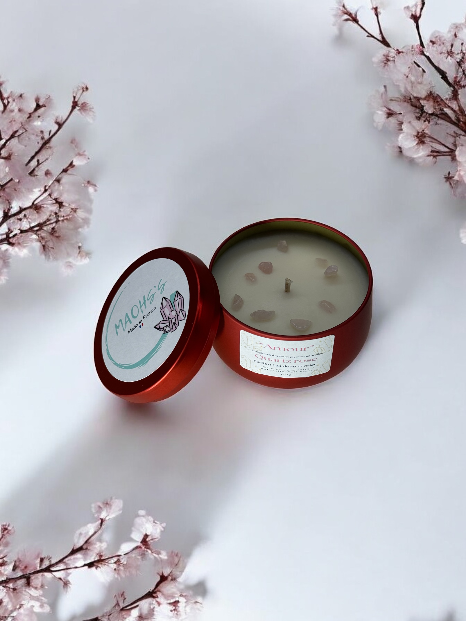 Bougie « Amour » Quartz rose – Senteur Lait de Riz & Cerisier