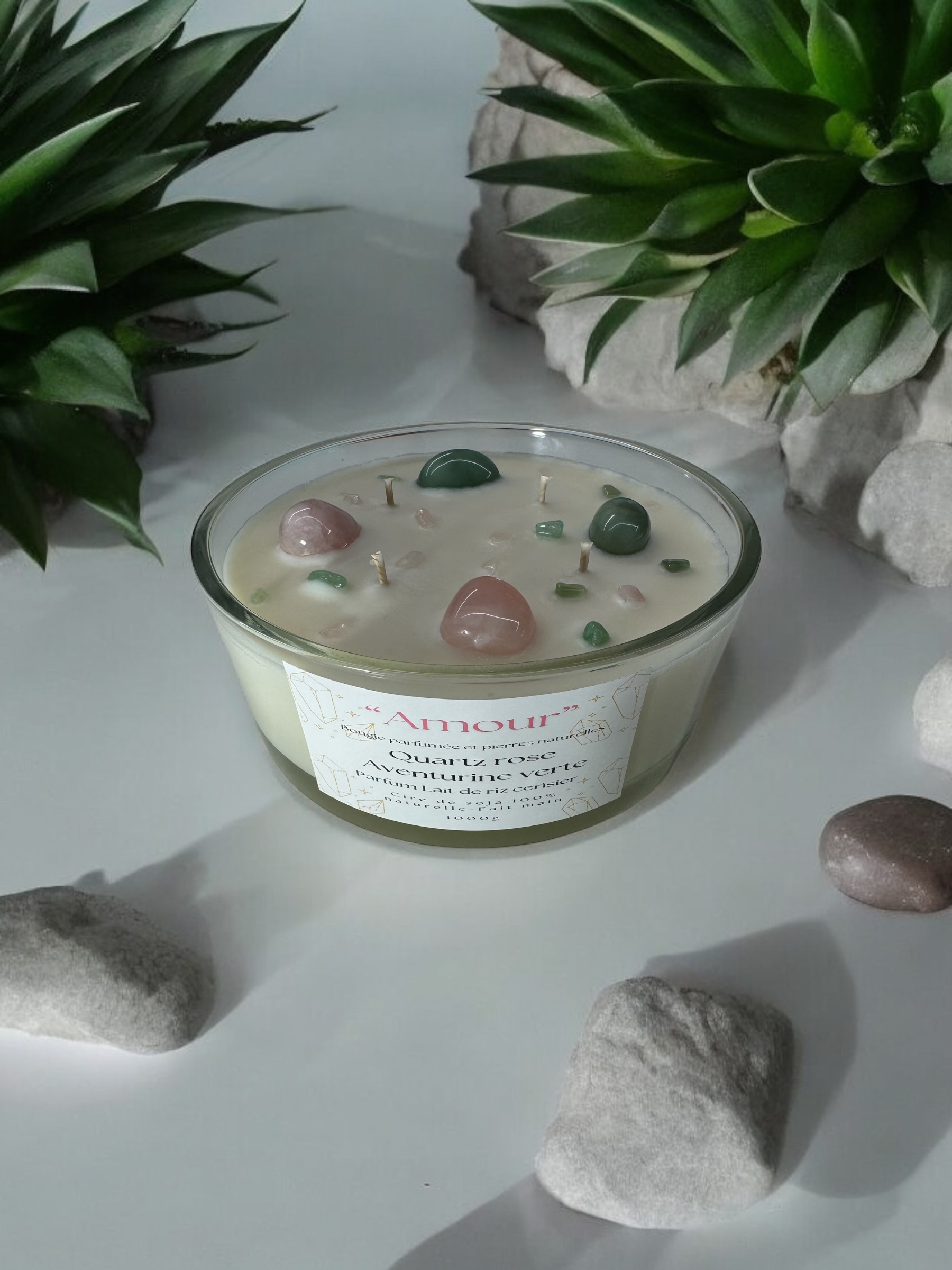 Bougie « Amour » Quartz rose et Aventurine verte - senteur Lait de riz cerisier