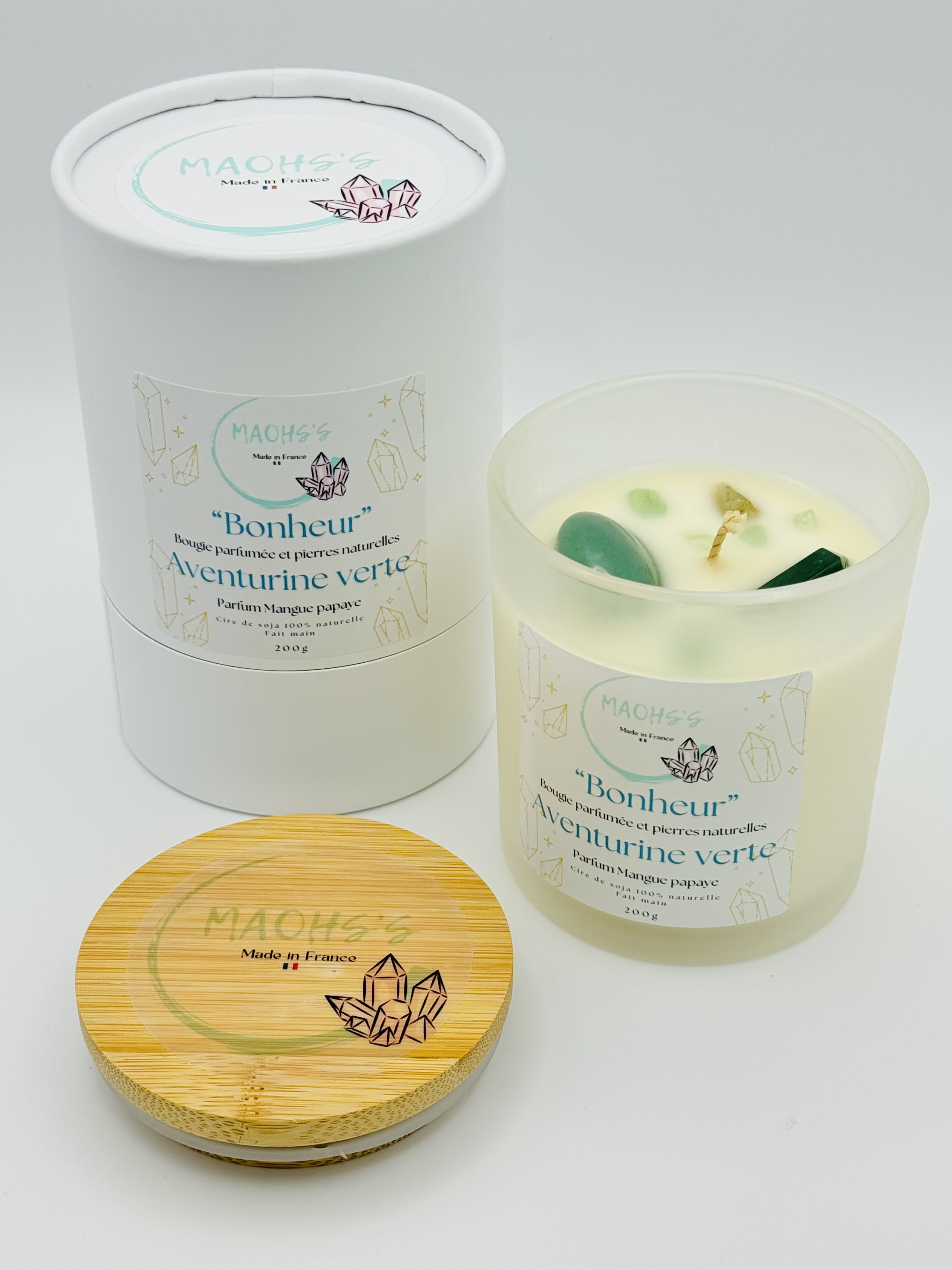 Bougie « Bonheur » Aventurine verte - senteur Mangue papaye