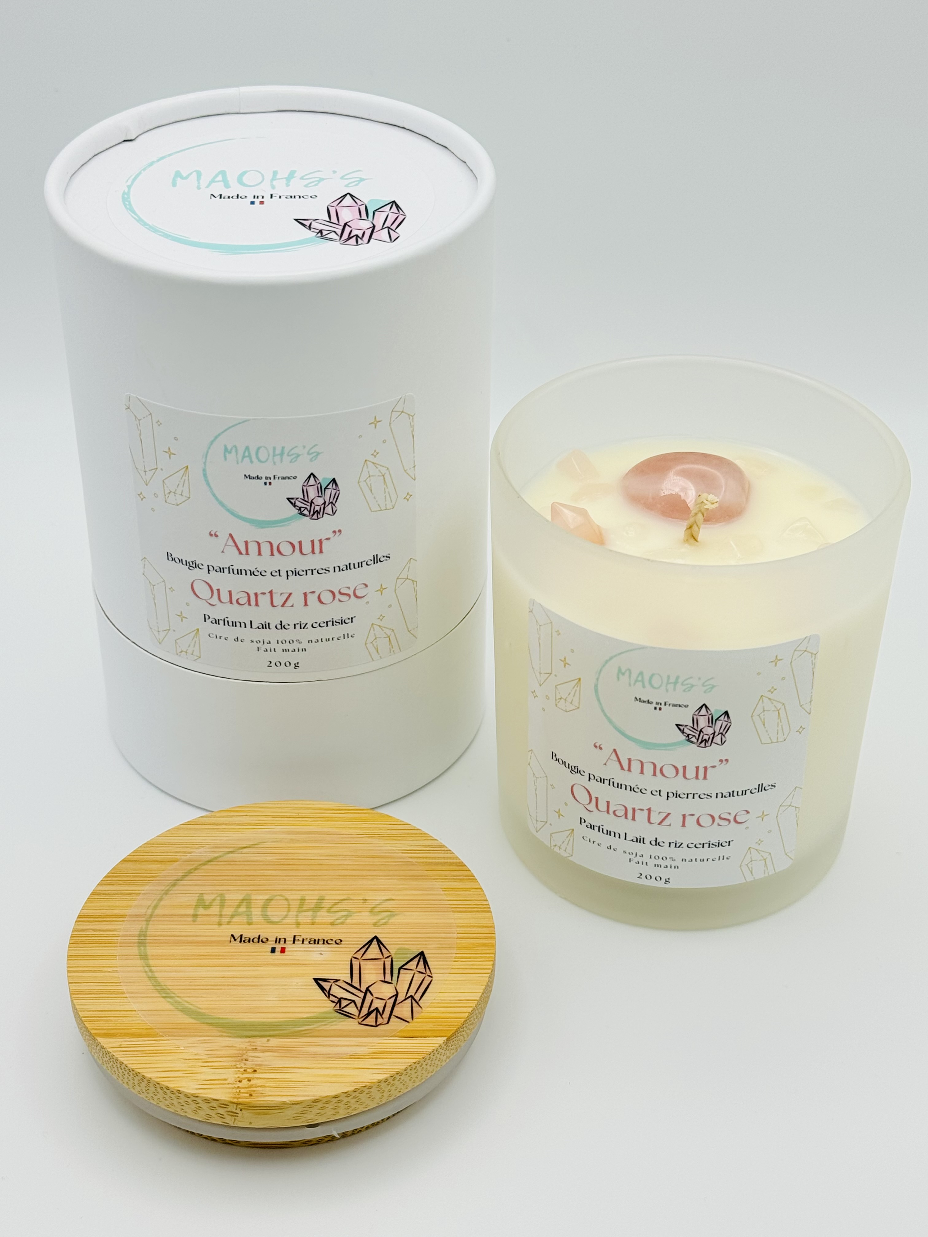 Bougie « Amour » Quartz rose – Senteur Lait de Riz & Cerisier