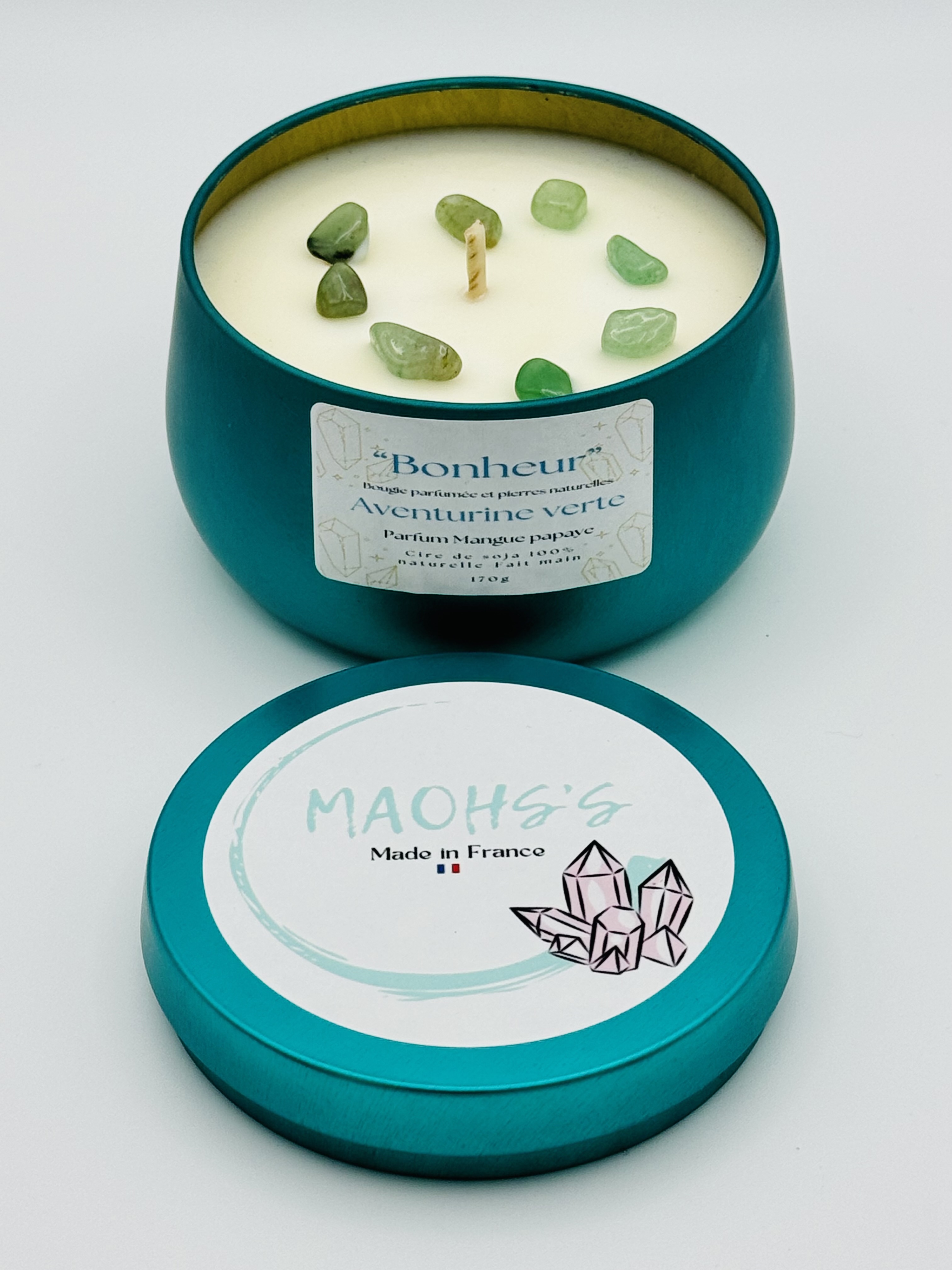 Bougie  « Bonheur » Aventurine verte   - senteur Mangue papaye 