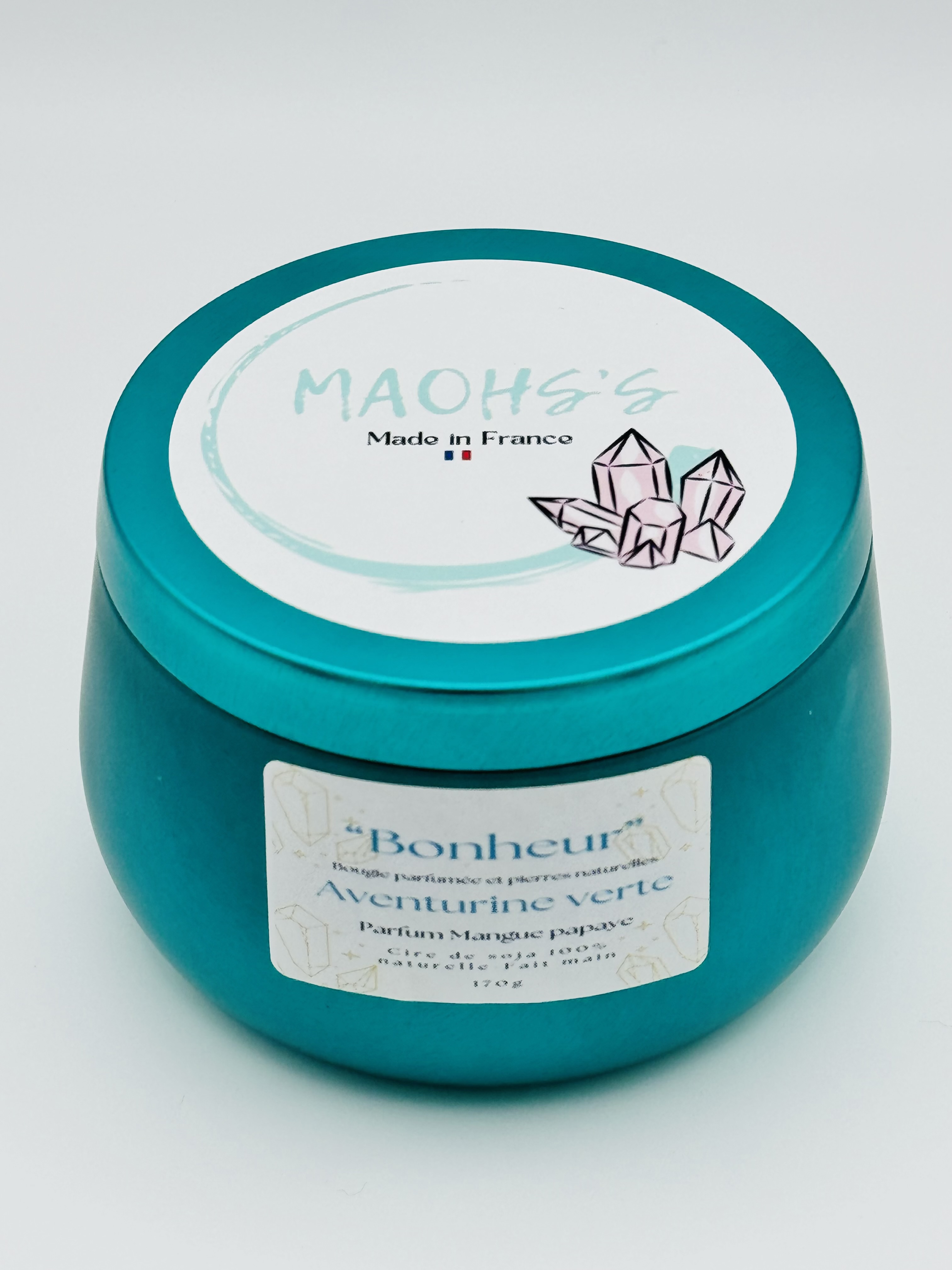 Bougie  « Bonheur » Aventurine verte   - senteur Mangue papaye 
