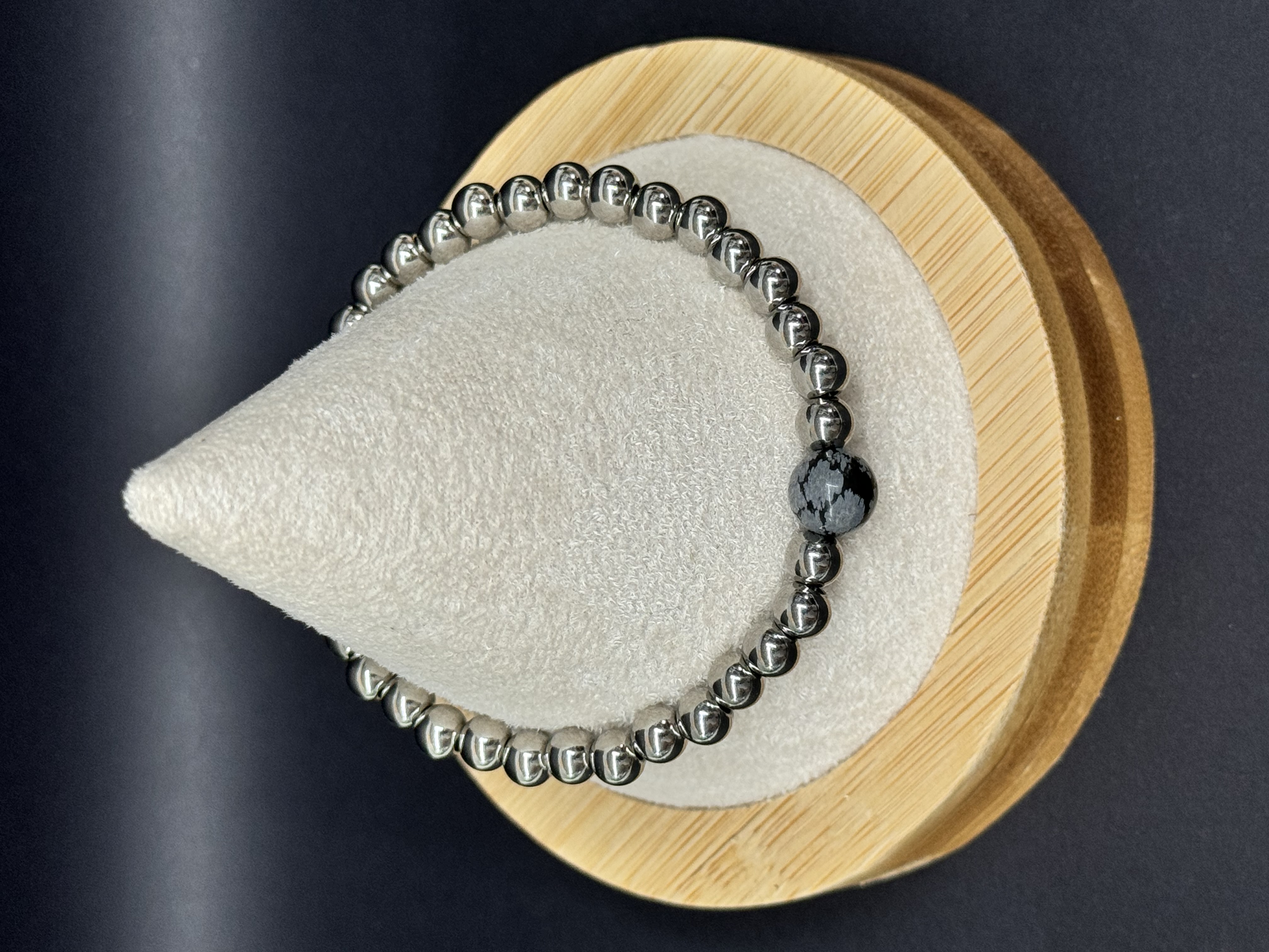 Bracelet pierre naturelle et acier inoxydable Obsidienne flocon de neige 