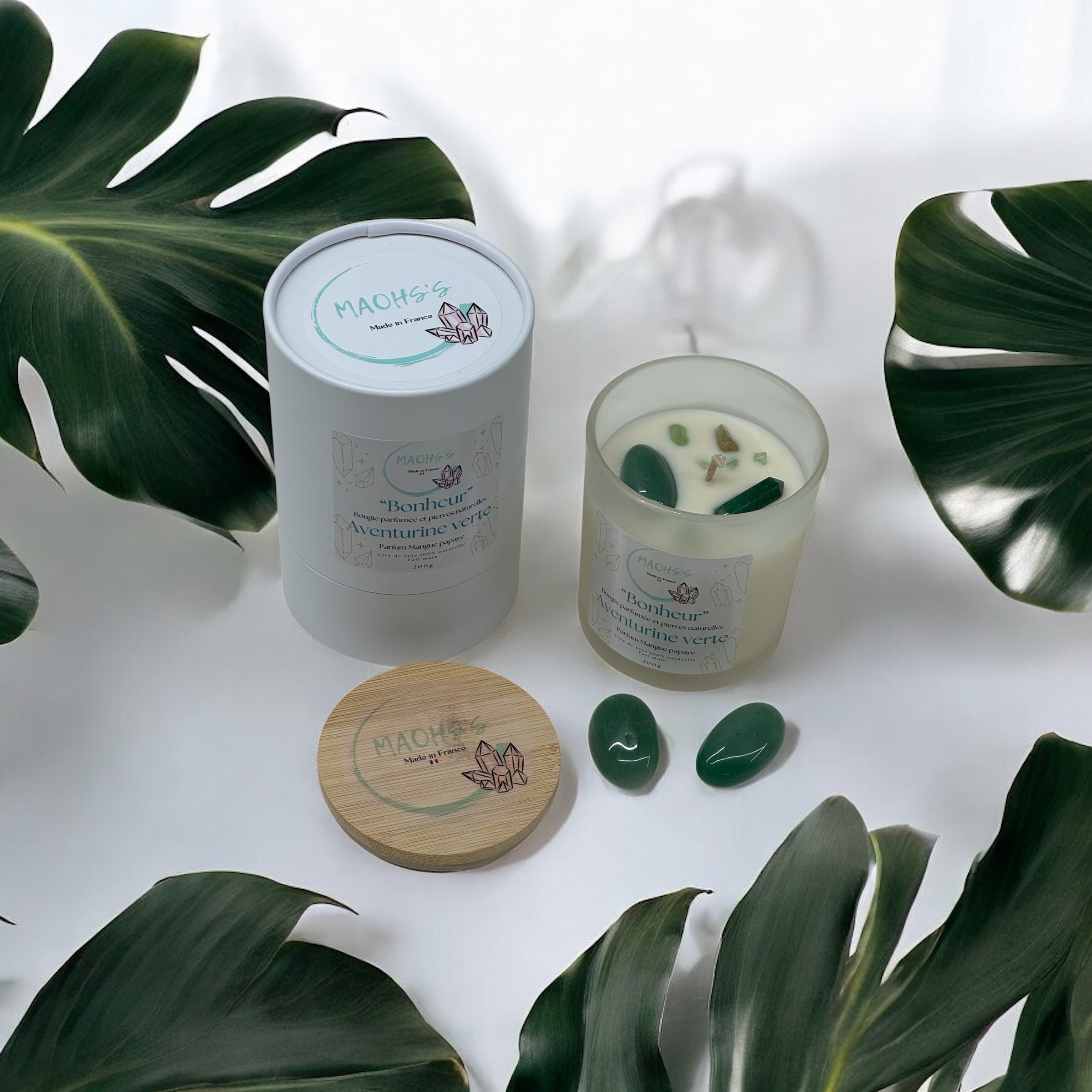 Bougie « Bonheur » Aventurine verte - senteur Mangue papaye