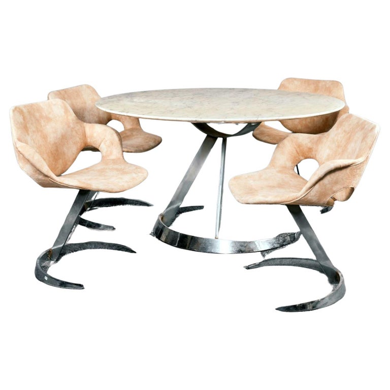 Table plateau en marbre et chaises Scimitar Boris Tabacoff pour Mobilier Modular Modern 1970 (Set de 5)