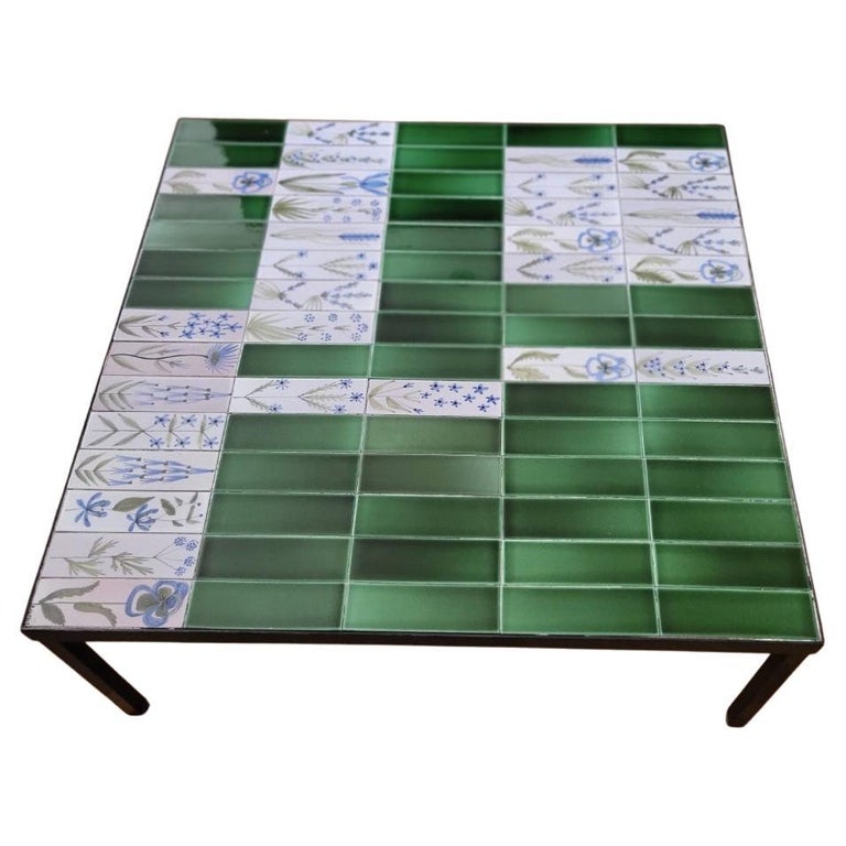 Table basse Roger Capron en céramique émaillée Verte décor floral French Riviera 1960