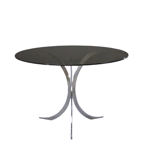 Table Christofle de Boris Tabacoff pieds chromés, plateau verre fumé France 1970