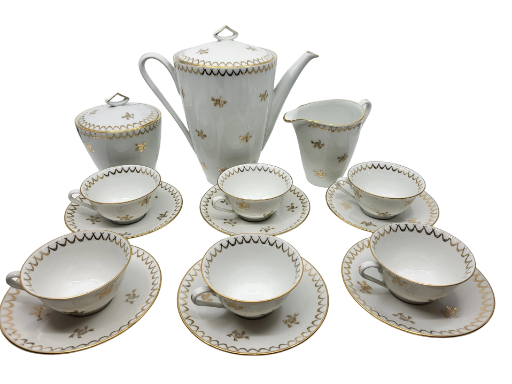Service à Thé Style Empire en Porcelaine de Sologne décoré à l'Or fin Francais 20ème Siècle,( Set de 15)